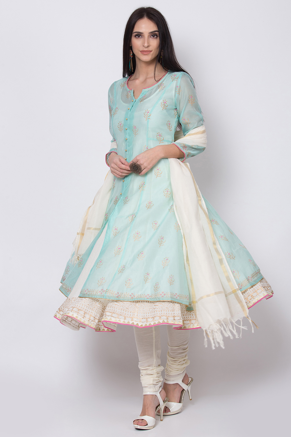 Coral Poly Cotton Front Open Kurta Churidar Suit Set image number 2