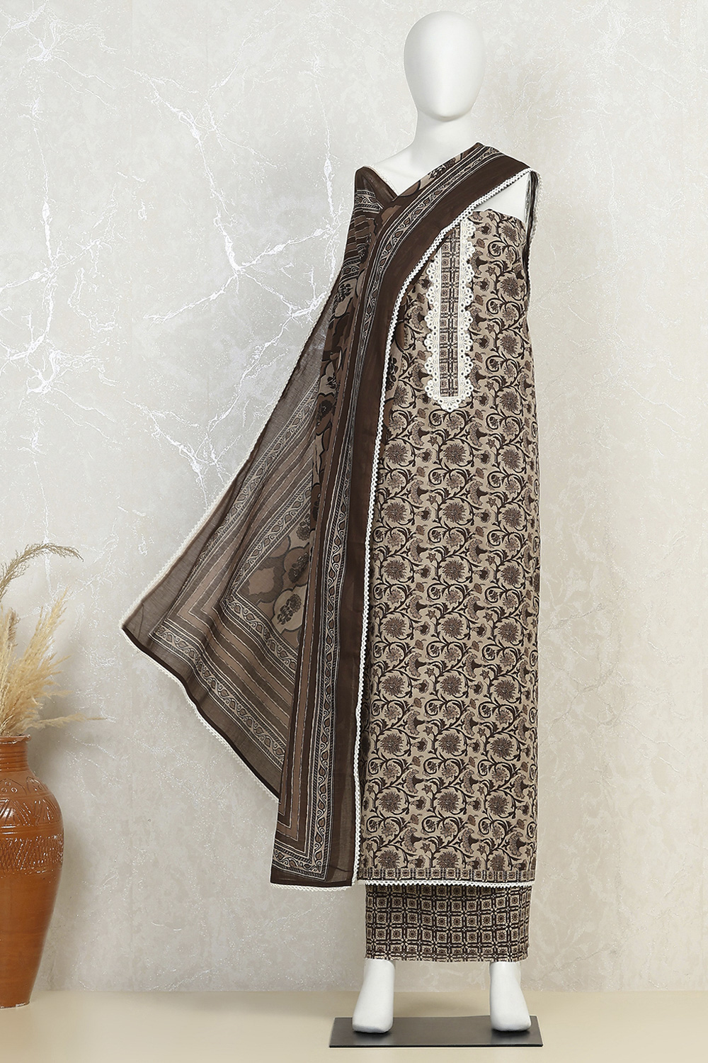 Brown Cotton Printed Embroidered Unstitched Suit Set image number 4