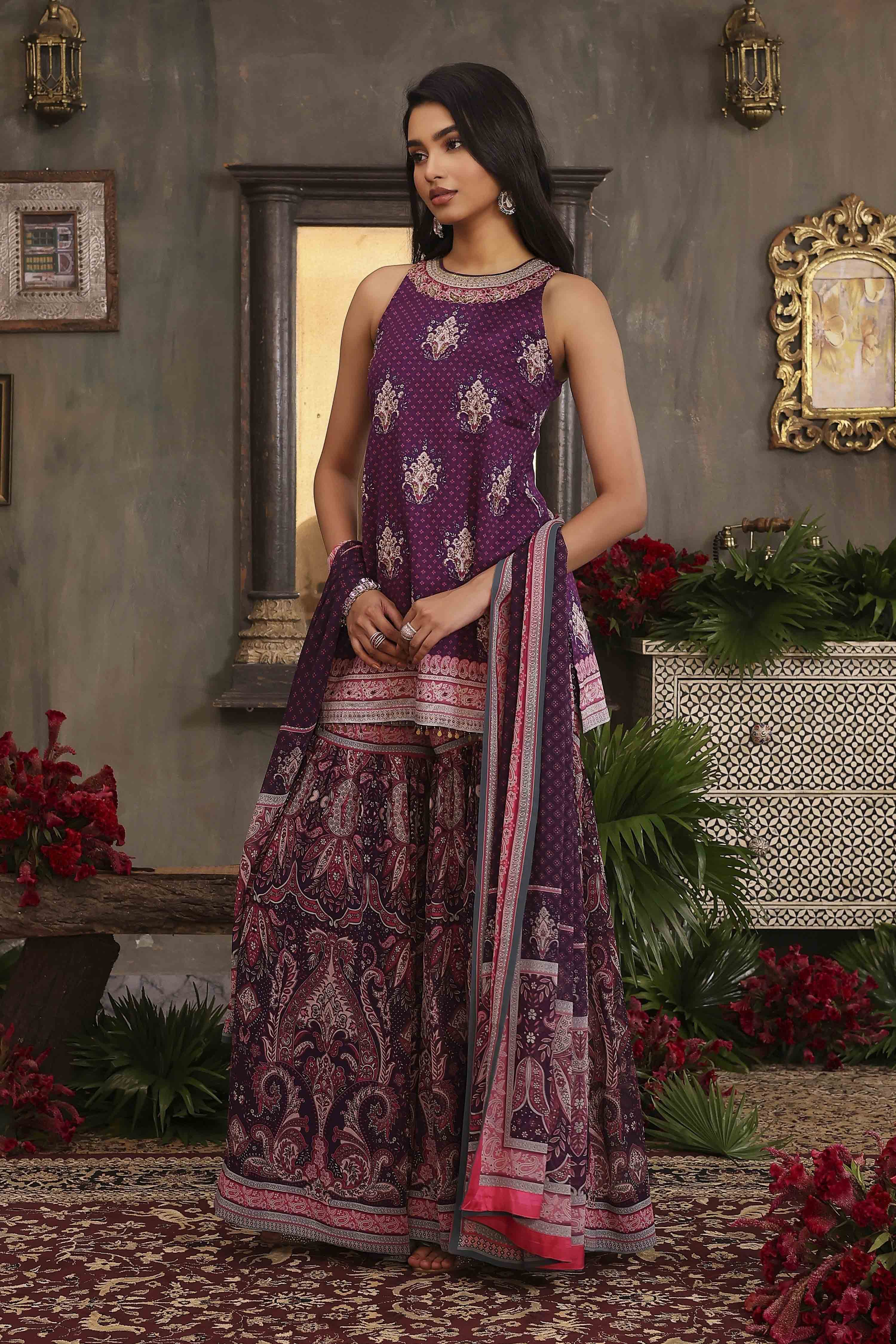 Purple Chanderi Digital Printed Garara Straight Suit Set image number 3