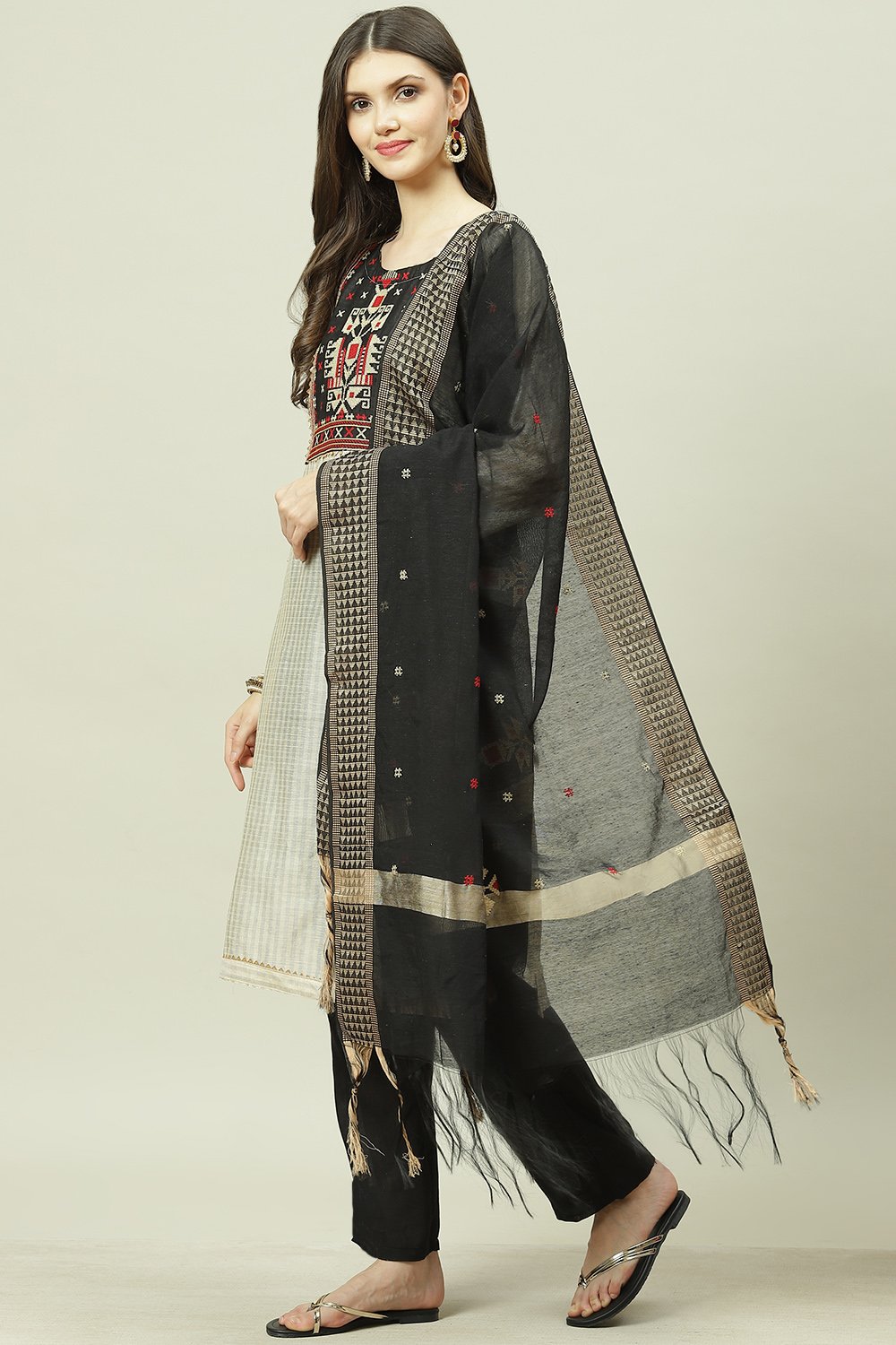 Yellow Chanderi Machine Embroidered Unstitched Suit Set image number 7