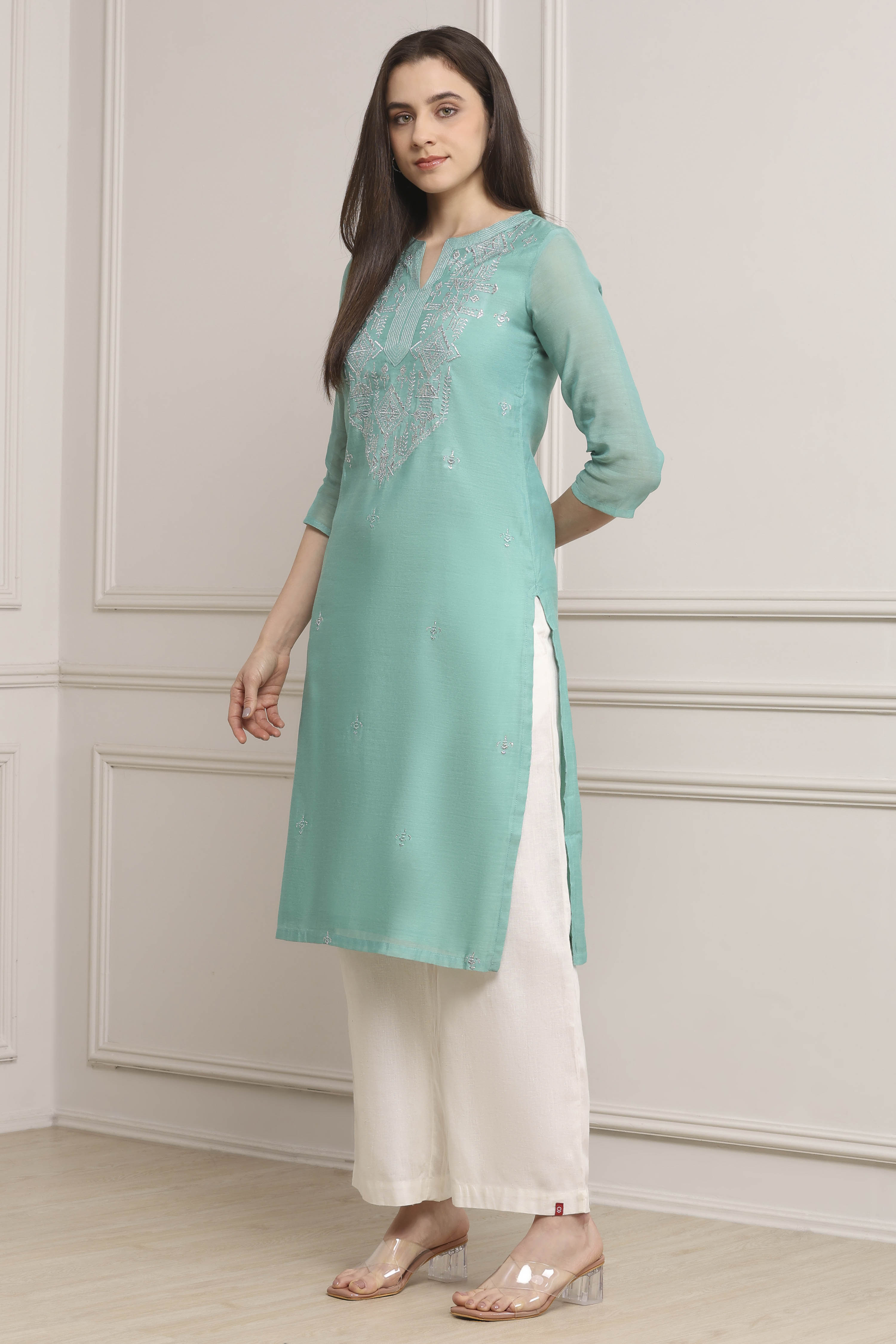 Sea Green Polyester Straight Kurta Pants Set image number 3