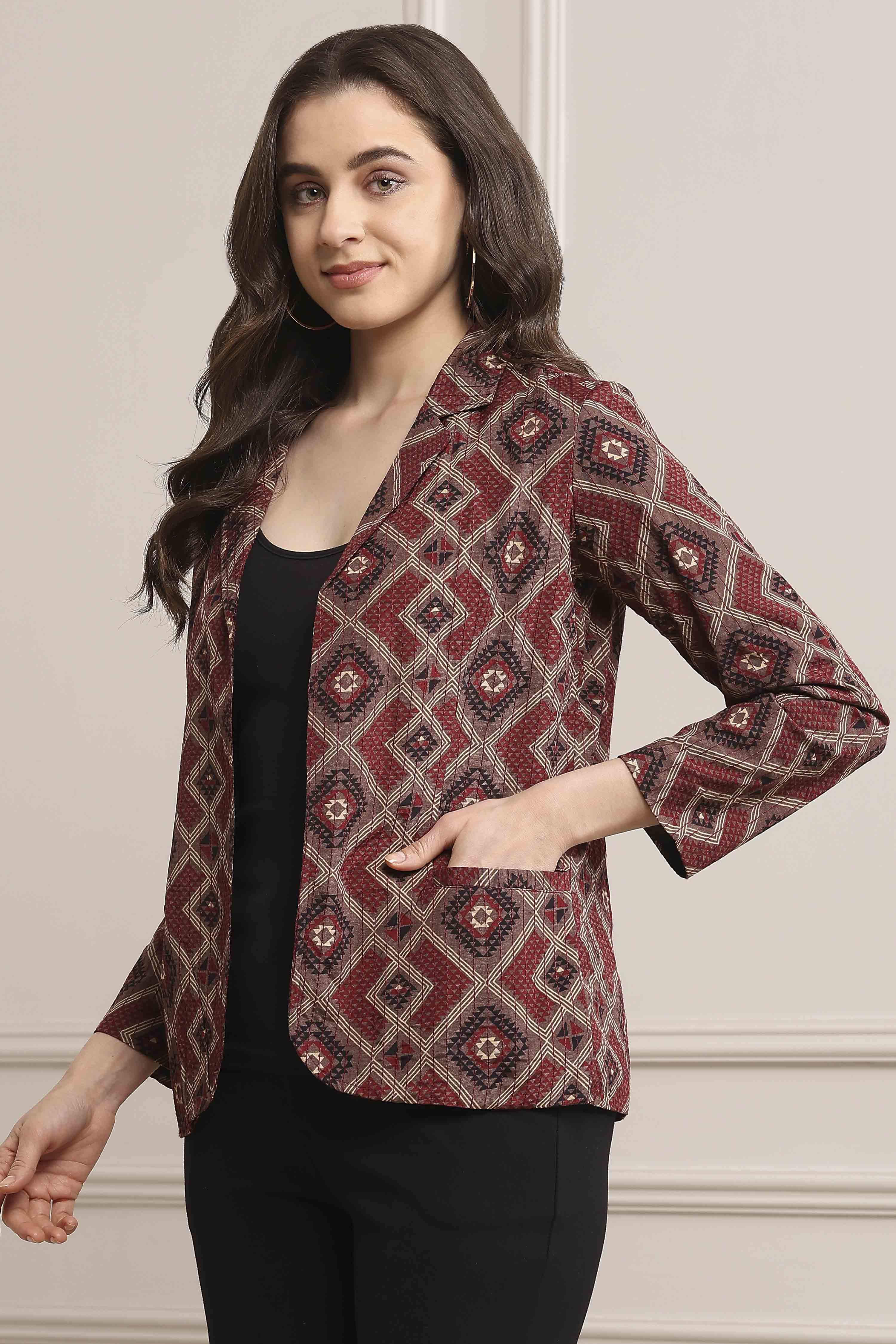 Black Viscose Straight Printed Jacket image number 2