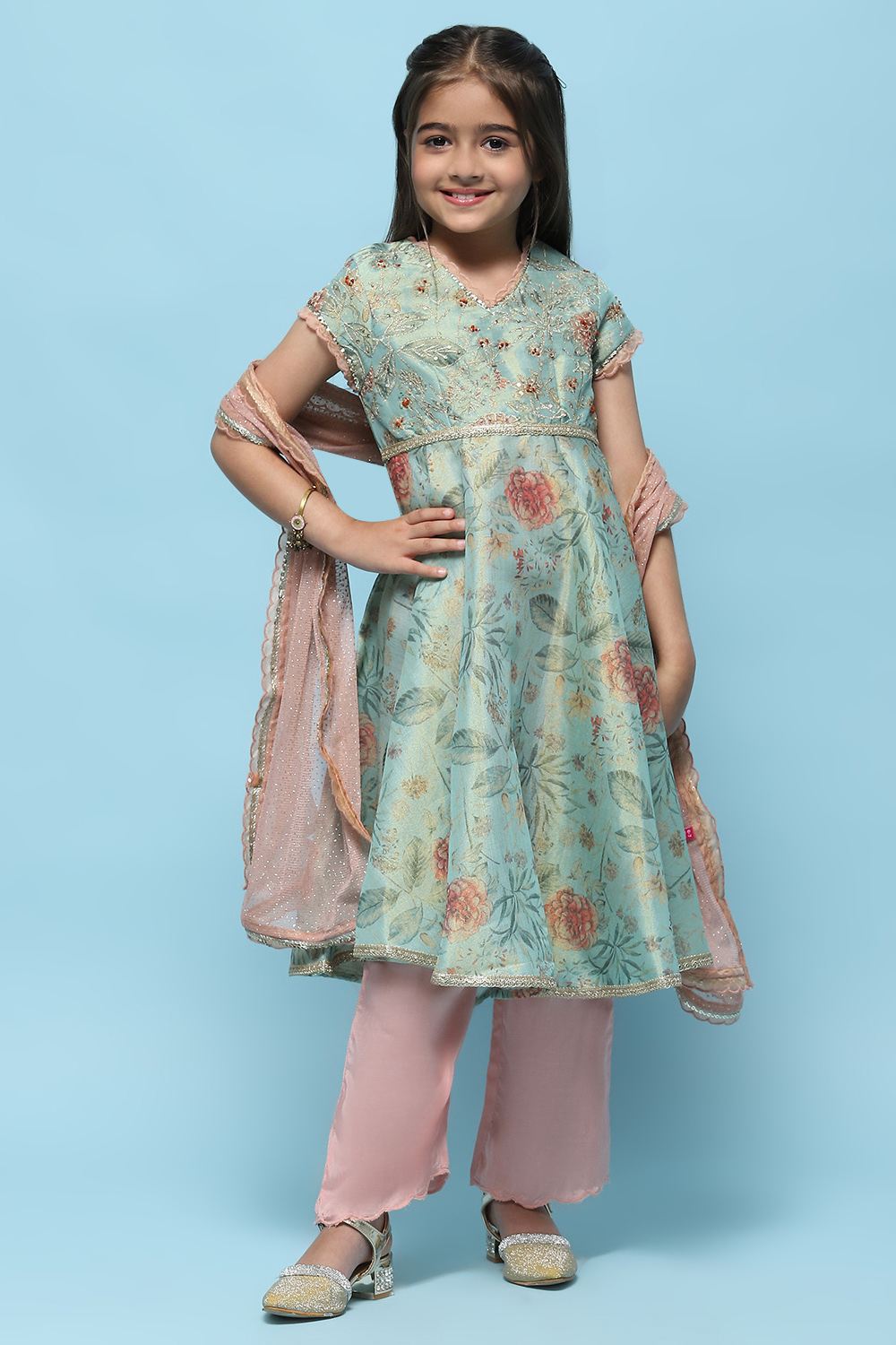  Green Cotton Tissue Anarkali With Palazzo & Net Dupatta image number 7