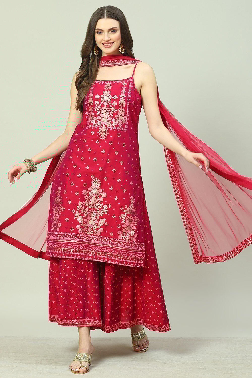 Magenta Cotton Blend Straight Printed Kurta Suit Set image number 0