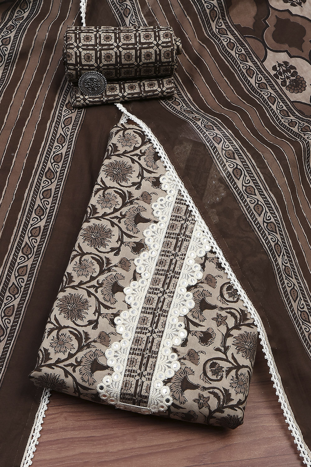 Brown Cotton Printed Embroidered Unstitched Suit Set image number 0