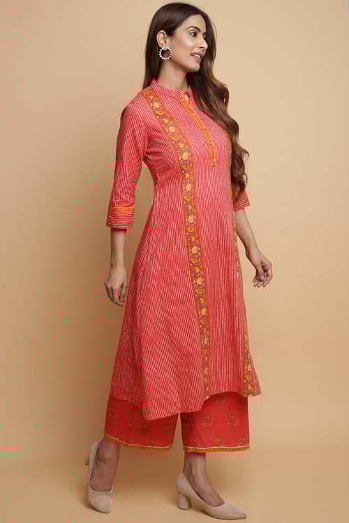 Teal Cotton A-Line Kurta Palazzo Suit Set image number 5