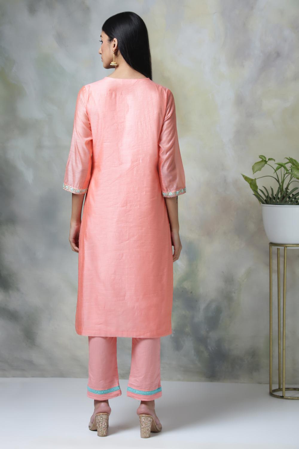 Peach Cotton Blend A-Line Kurta Pants Suit Set image number 5