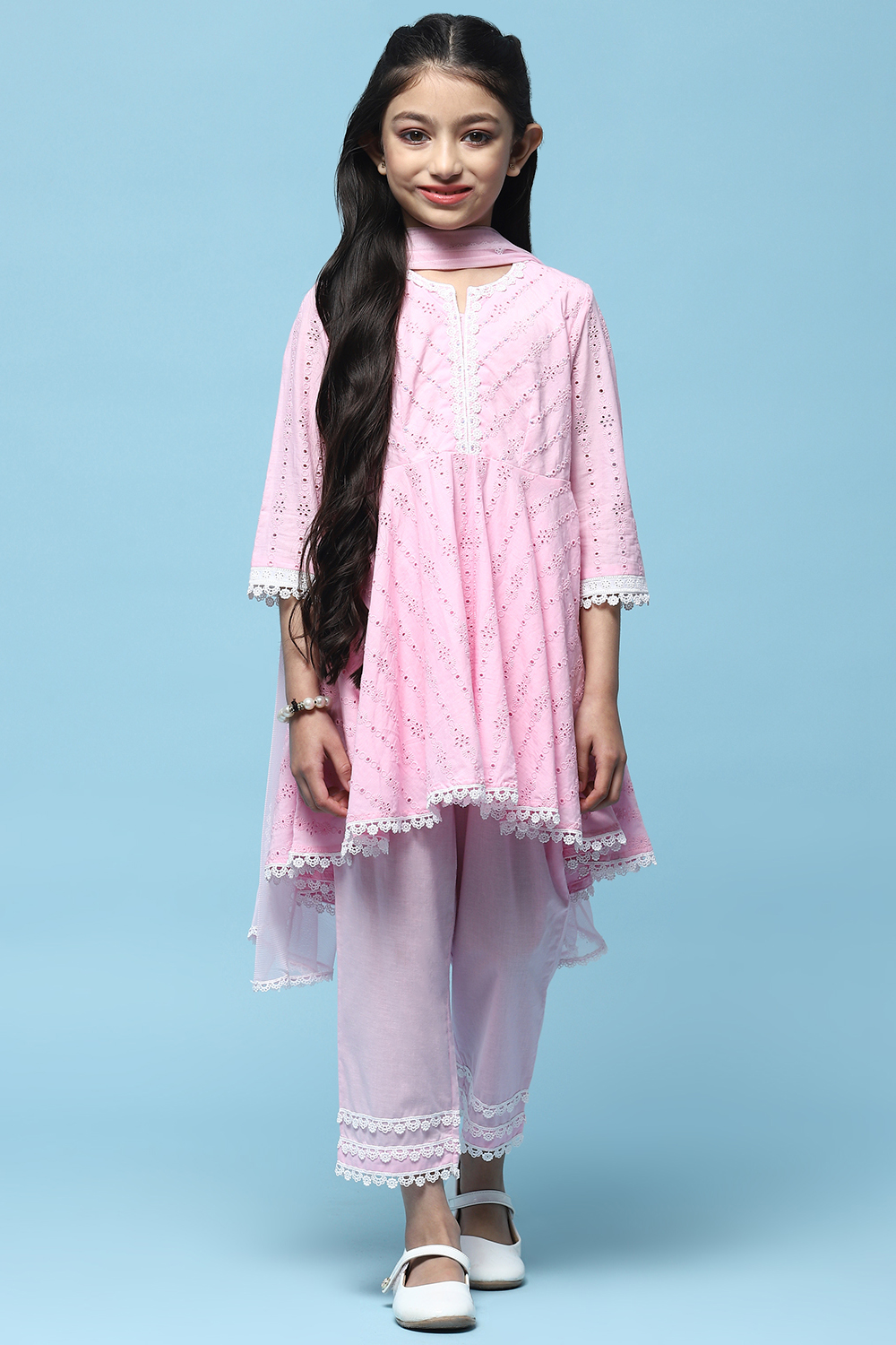 Pink Schiffli Cotton Flared Kurta With Palazzo & Net Dupatta image number 7