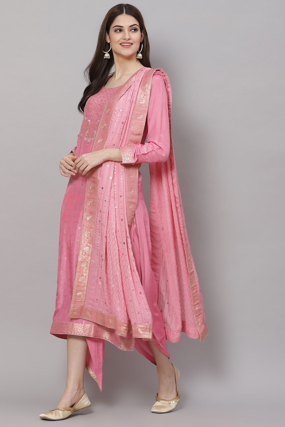 Light Brown Silk & Tussar Machine Embroidered Unstitched Suit Set image number 3