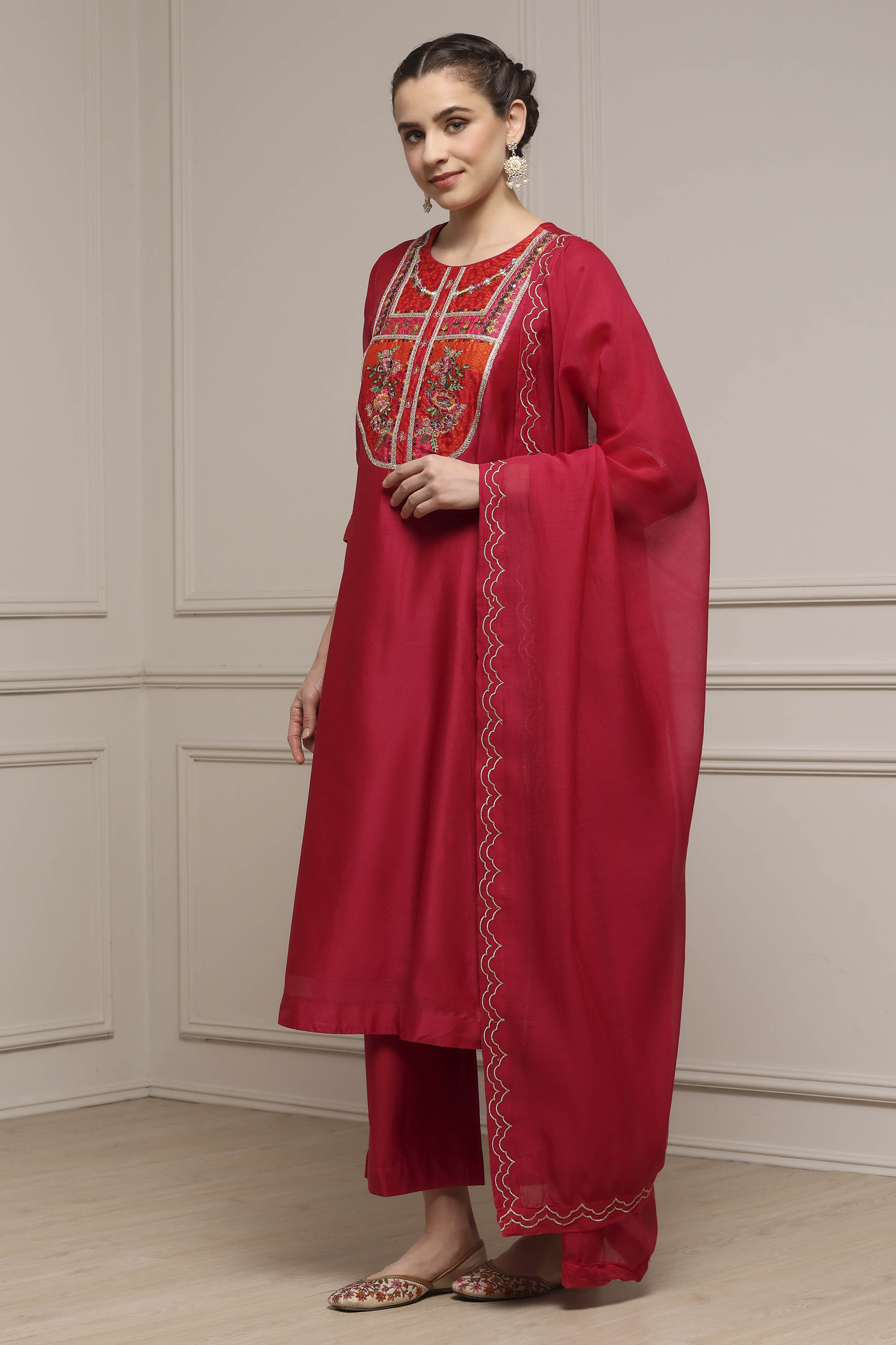 Pink Chanderi Kalidar Dyed Suit Set image number 3