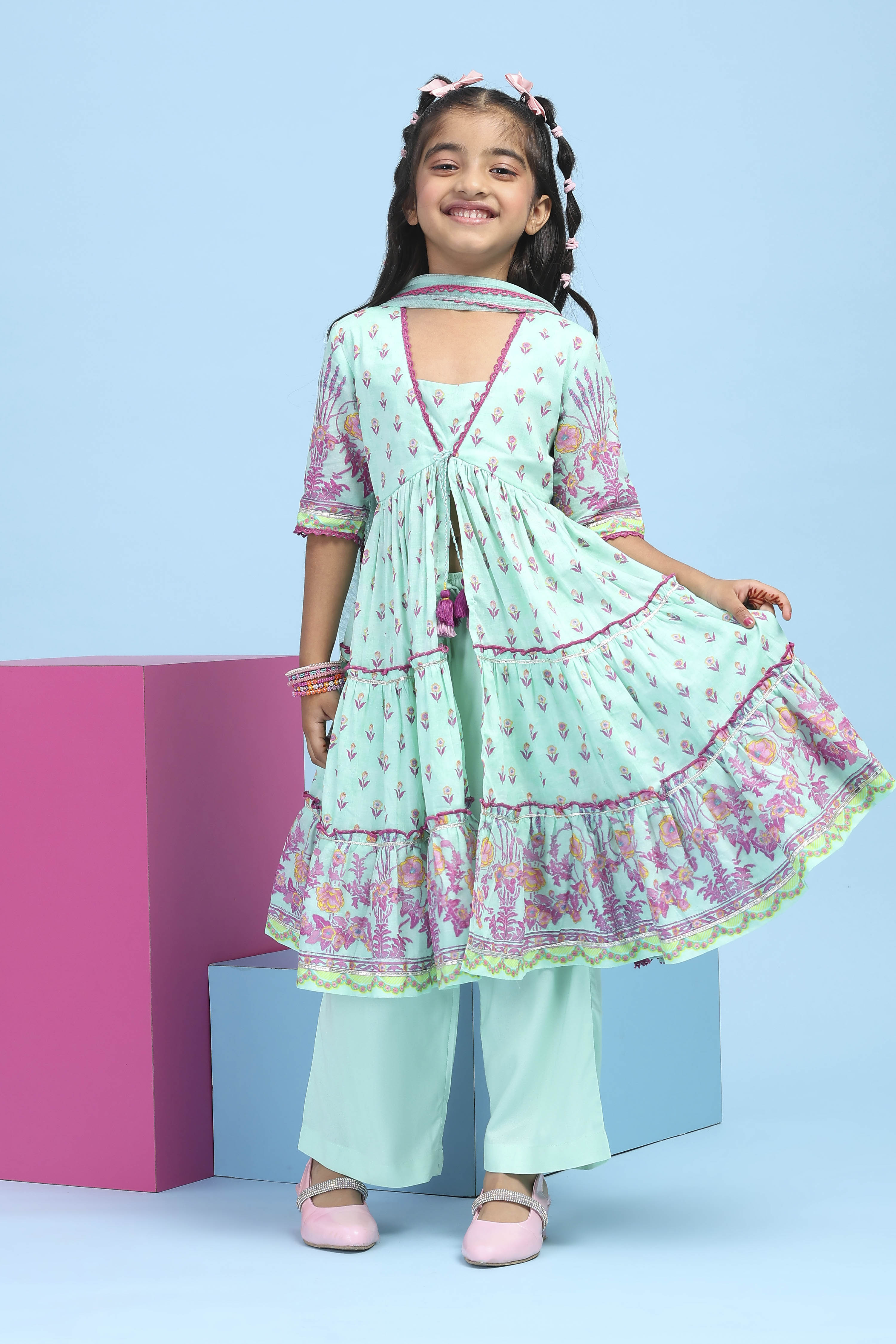 Sea-Green Cotton Printed Tiered Suit Set image number 0