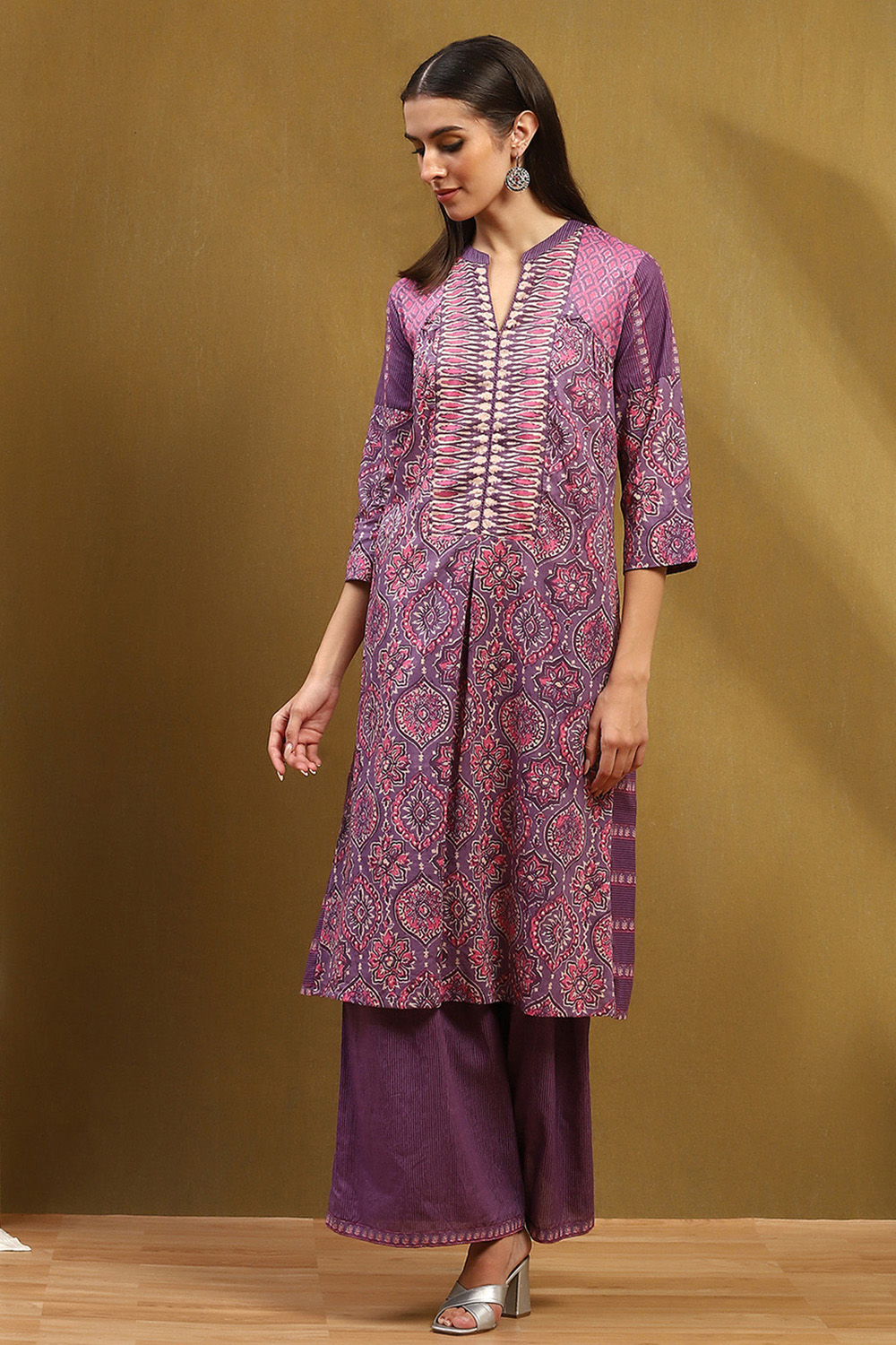 Purple Cotton Printed A-Line Suit Set image number 4