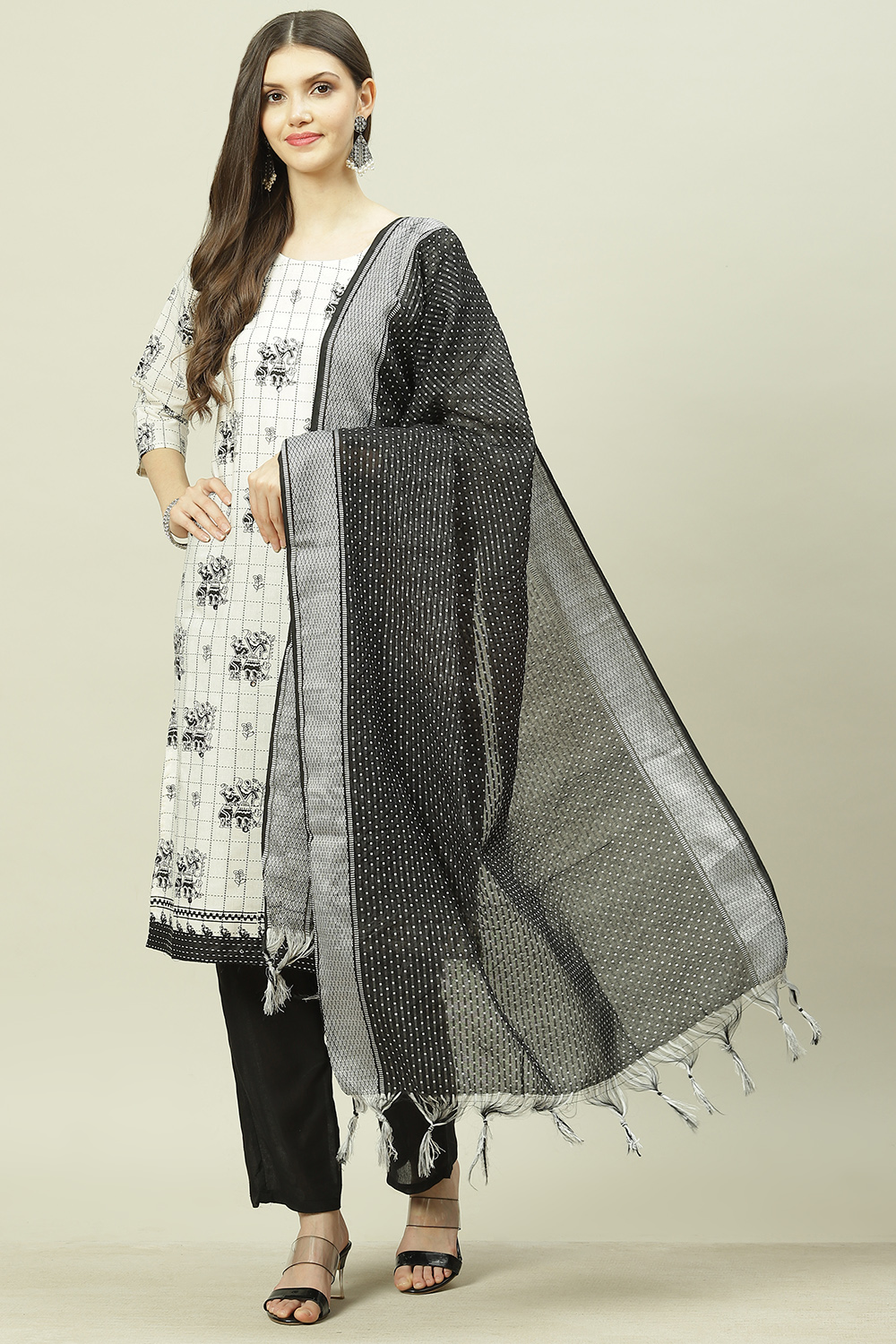 White Cotton Machine Embroidered Unstitched Suit Set image number 7