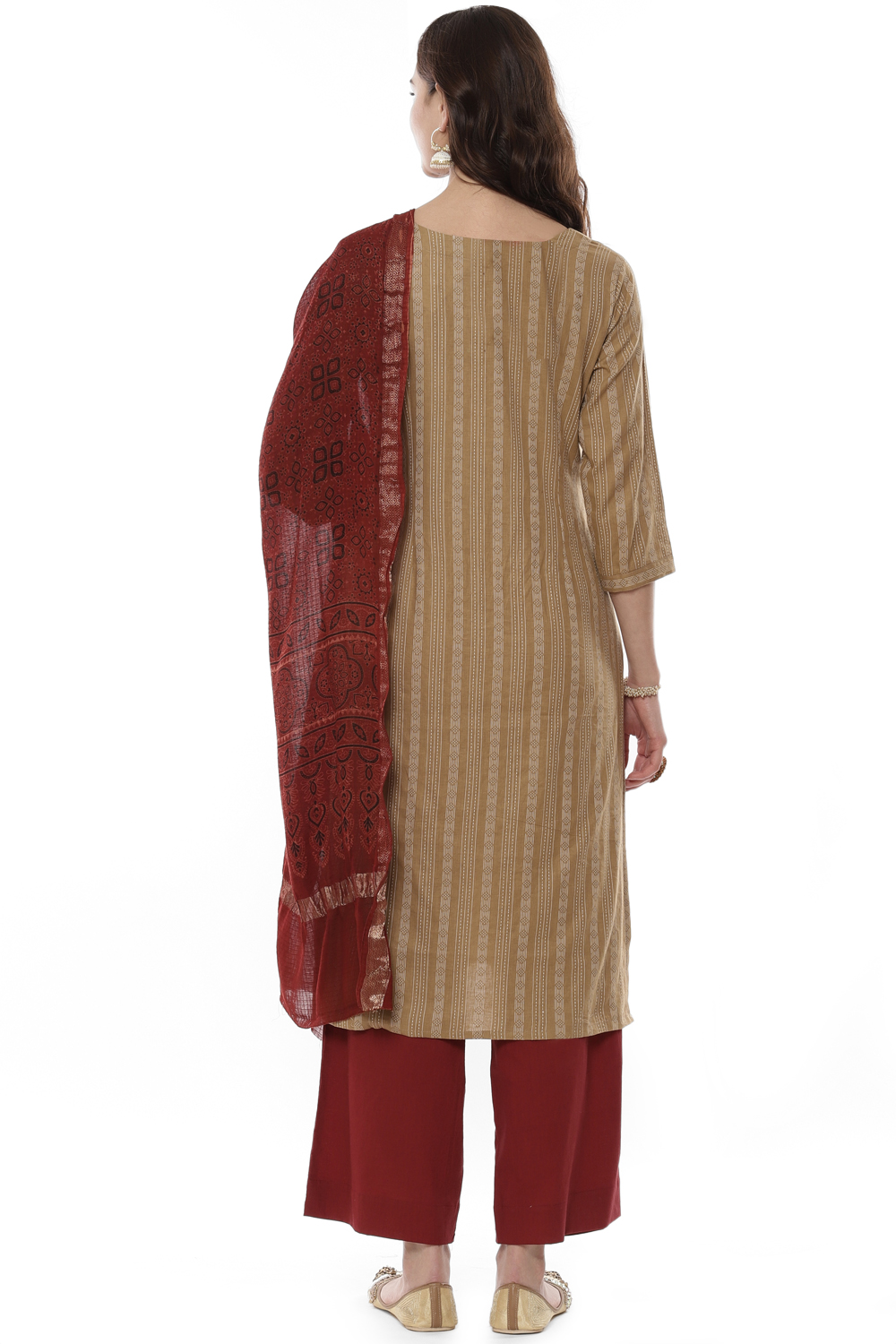 Beige Cotton Handloom Unstitched Suit Set image number 4