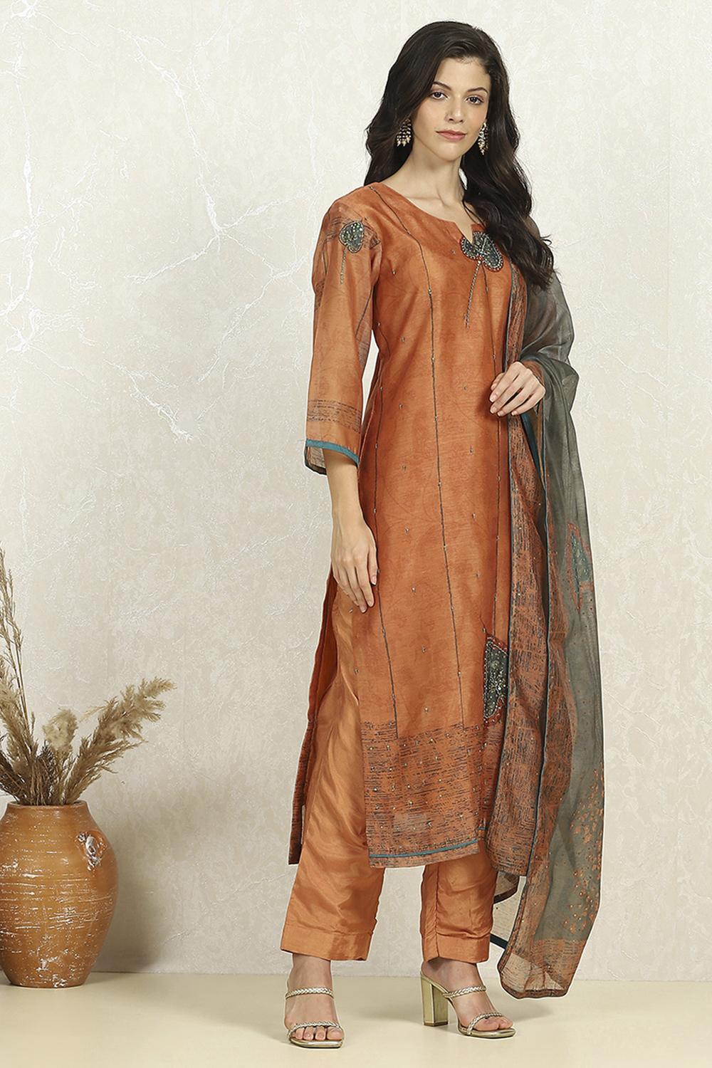 Rust Chanderi Unstitched Suit Set image number 6