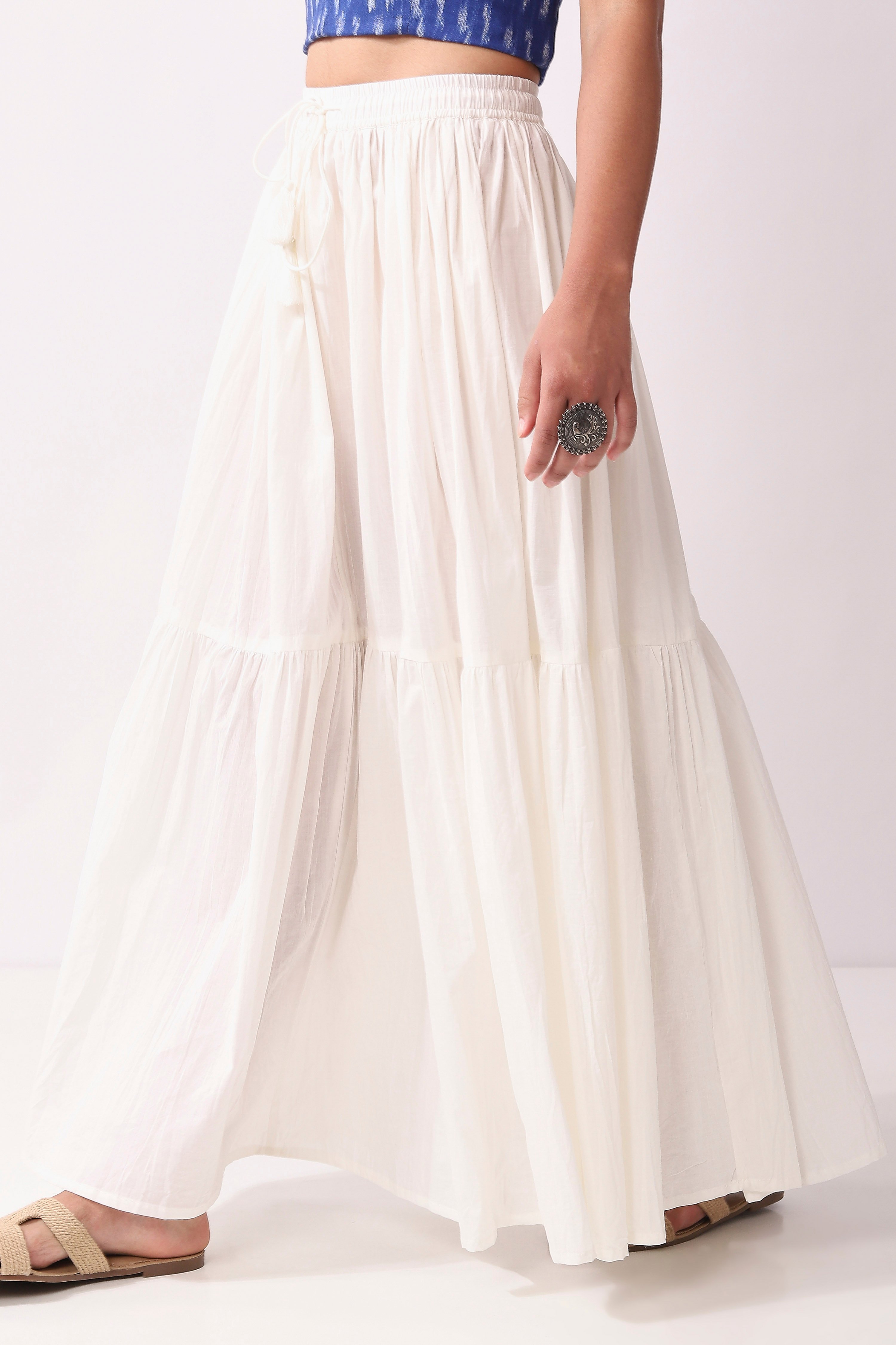 White Cotton Tiered Maxi Skirt image number 3