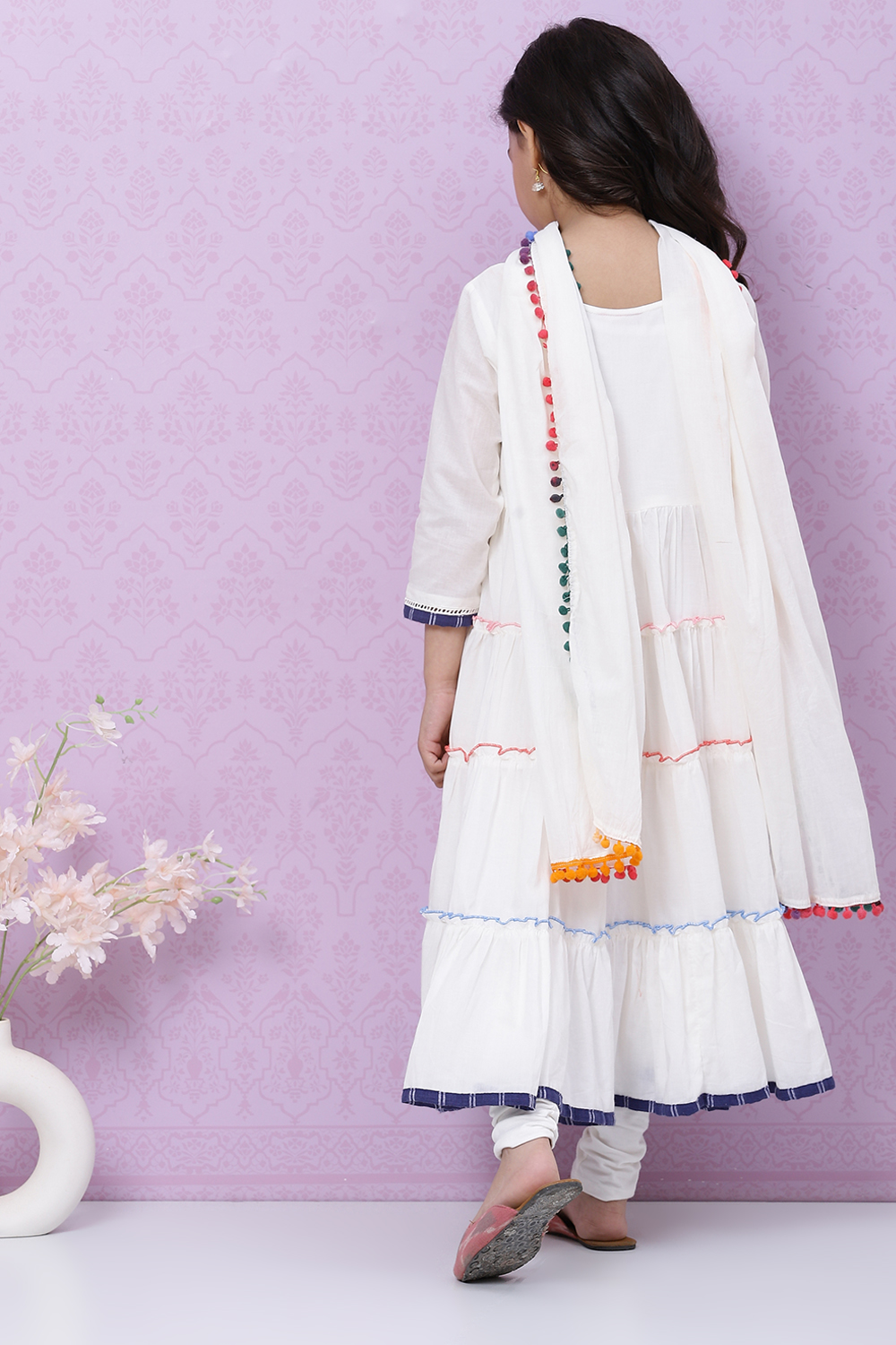 Off White Cotton Tiered Kurta Churidar Suit Set image number 4