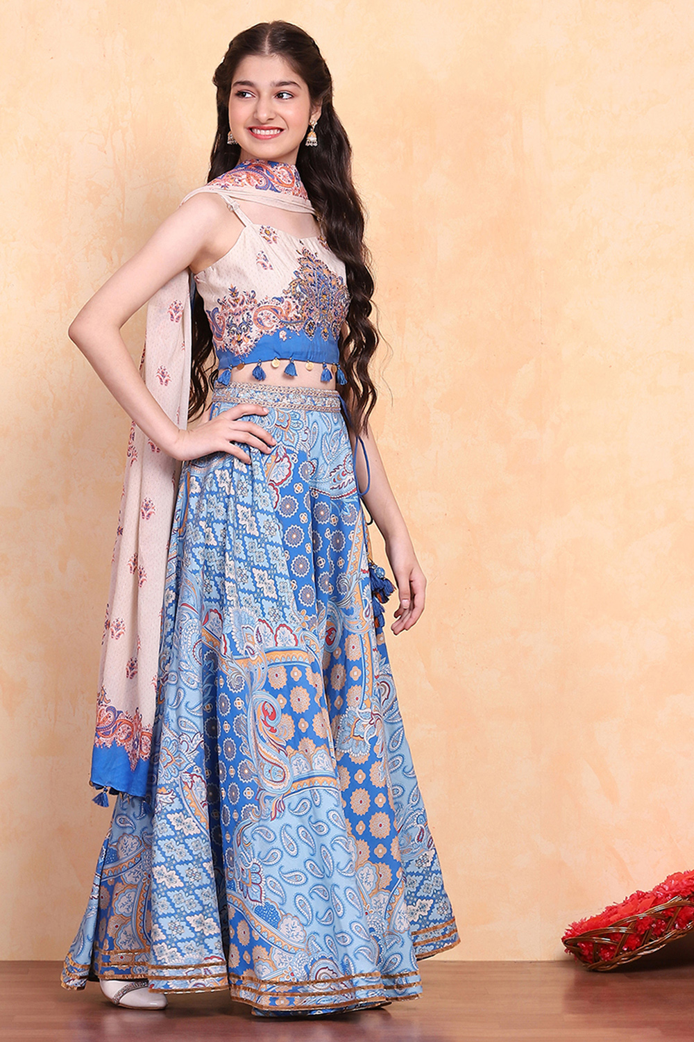 Electric Blue Printed Flared Lehenga Set image number 4