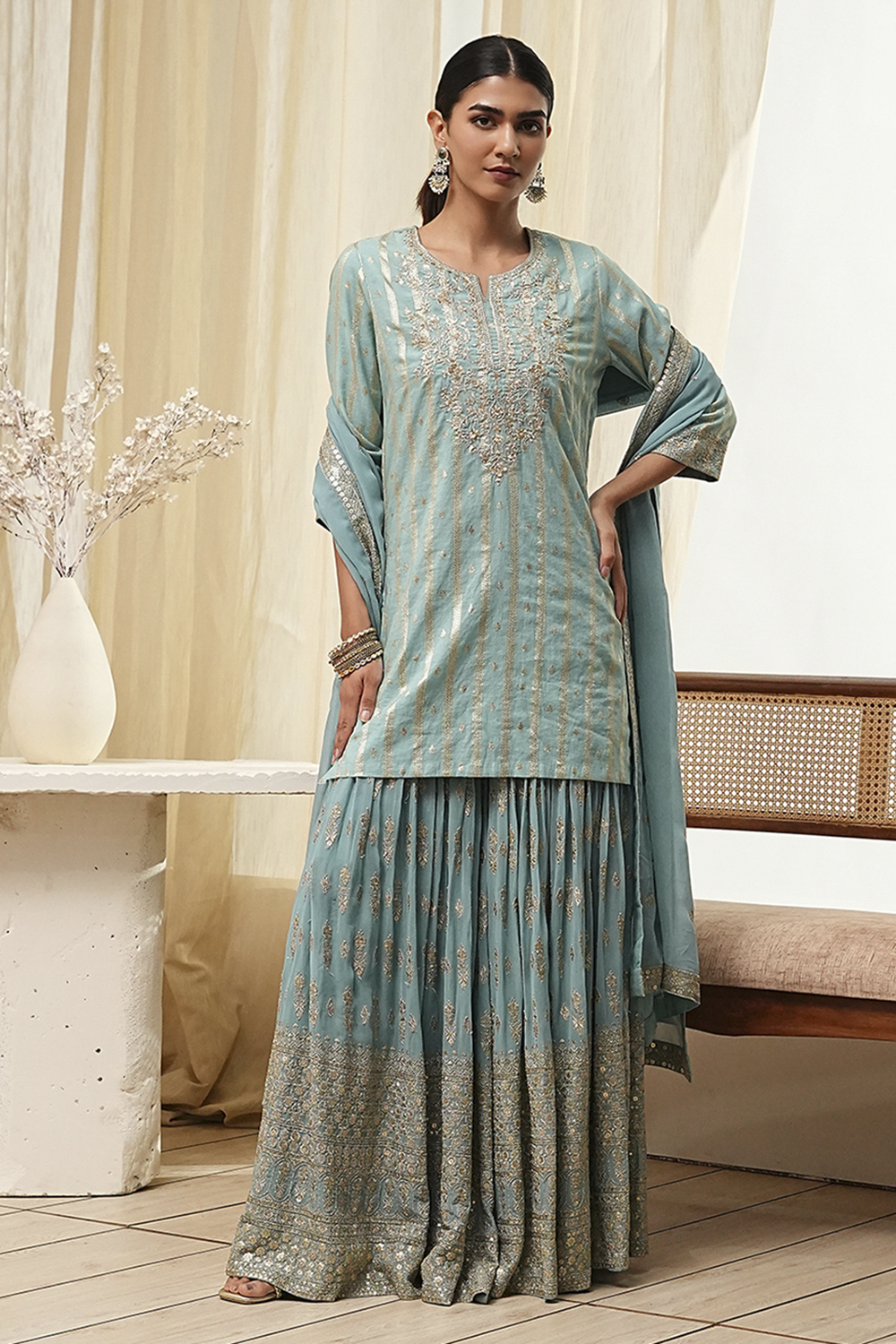 Powder Blue Embroidered Straight Suit Set image number 6