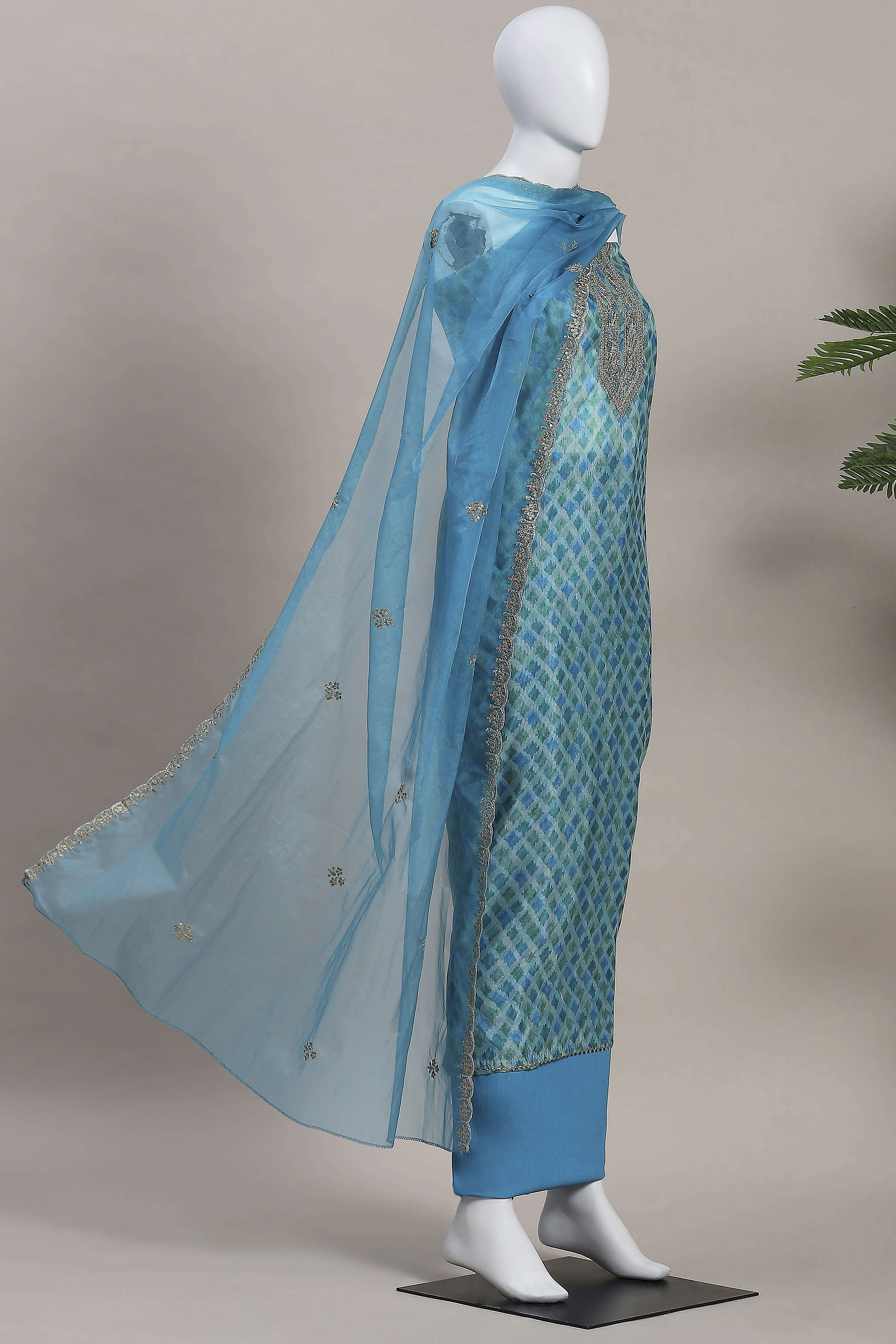 Yellow Organza Rajasthani Print Unstitched Suit Set image number 4