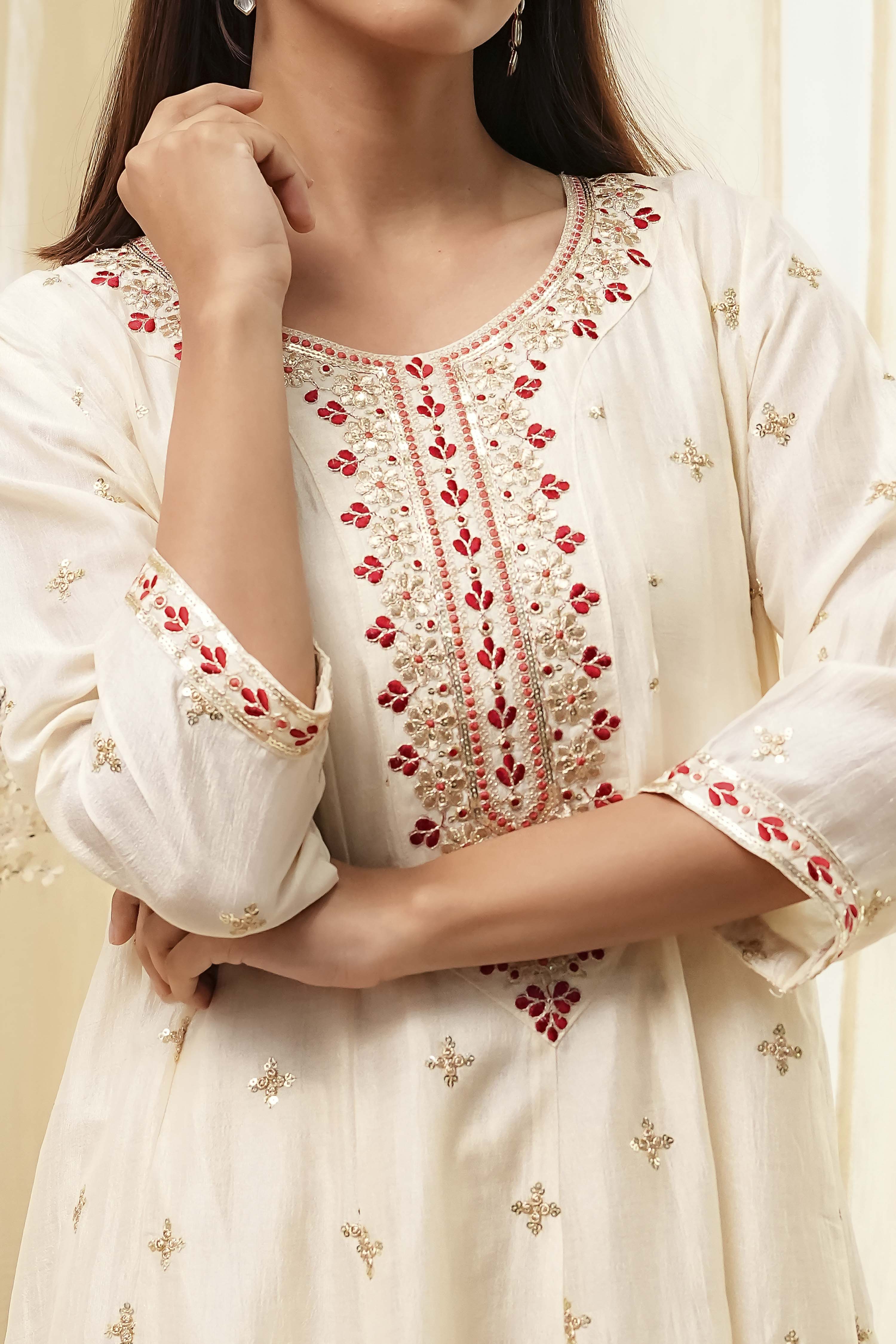 Off White Art Silk Straight Suit Set image number 1