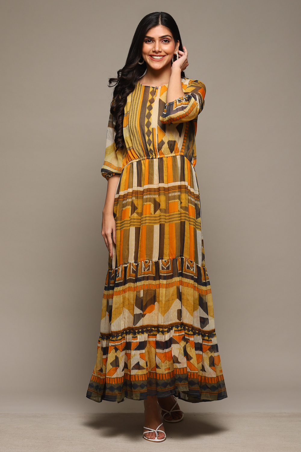 Black Cotton Blend Tiered Printed Dress image number 5