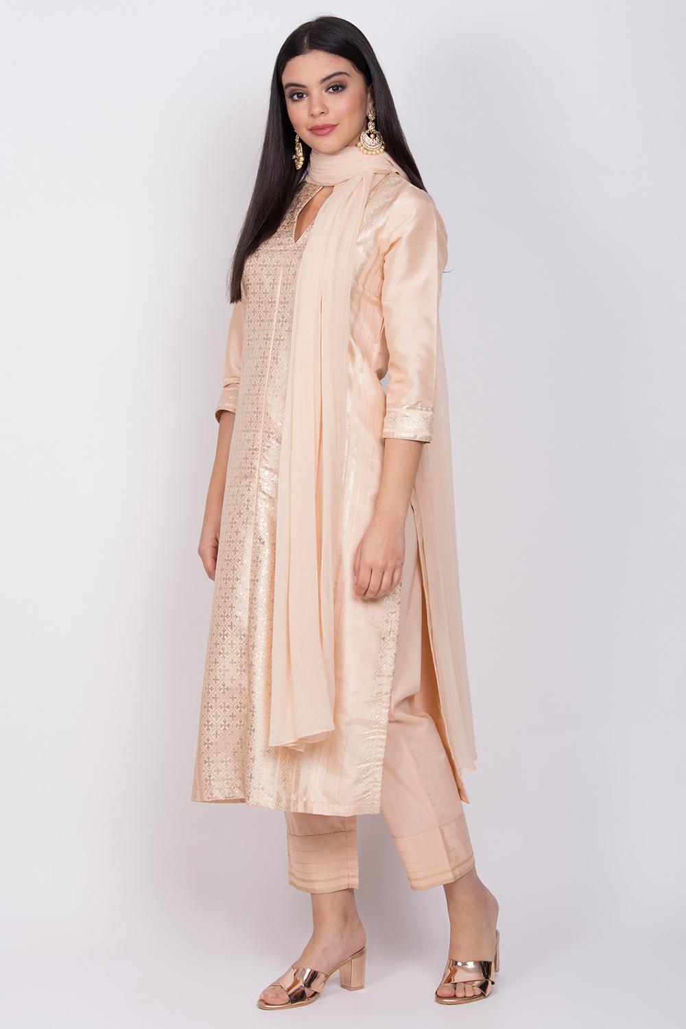 Beige Straight Kurta Regular Pant Suit Set image number 2