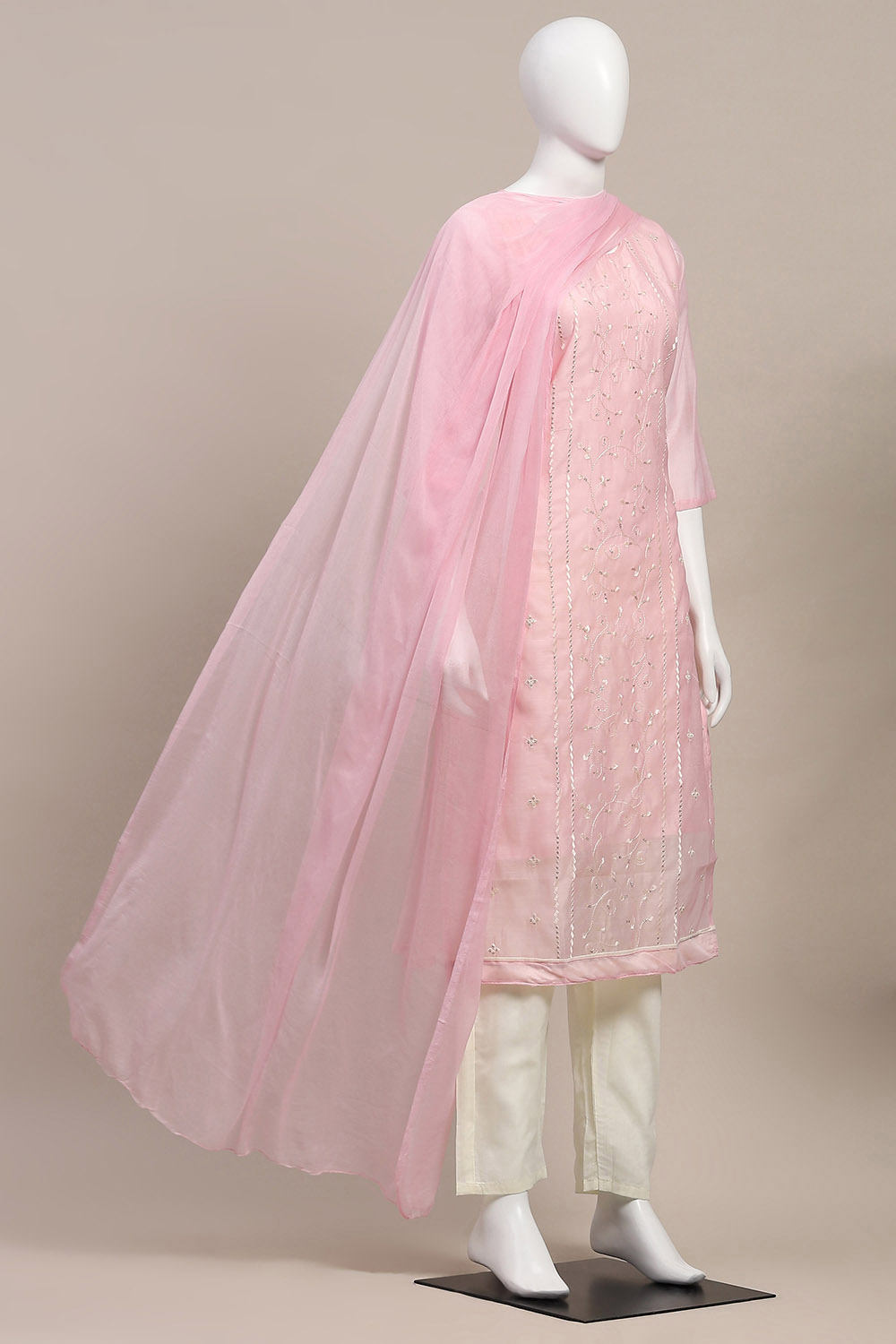 Peach Modal Satin Machine Embroidered Unstitched Suit Set image number 4