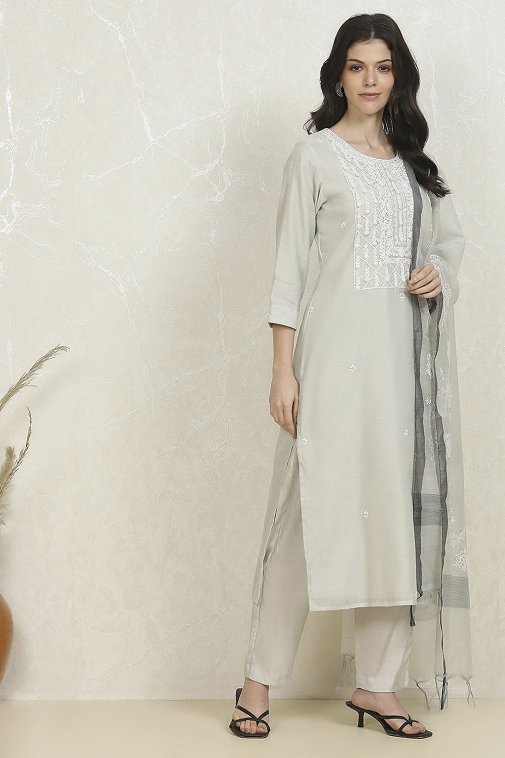 Grey Chanderi Machine Embroidered Unstitched Suit Set image number 6