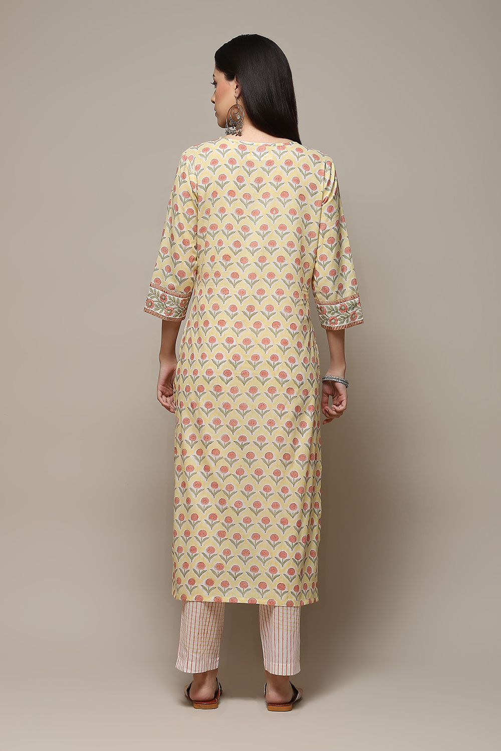 Yellow Cotton Hand Block Print Unstitched Suit Set image number 5
