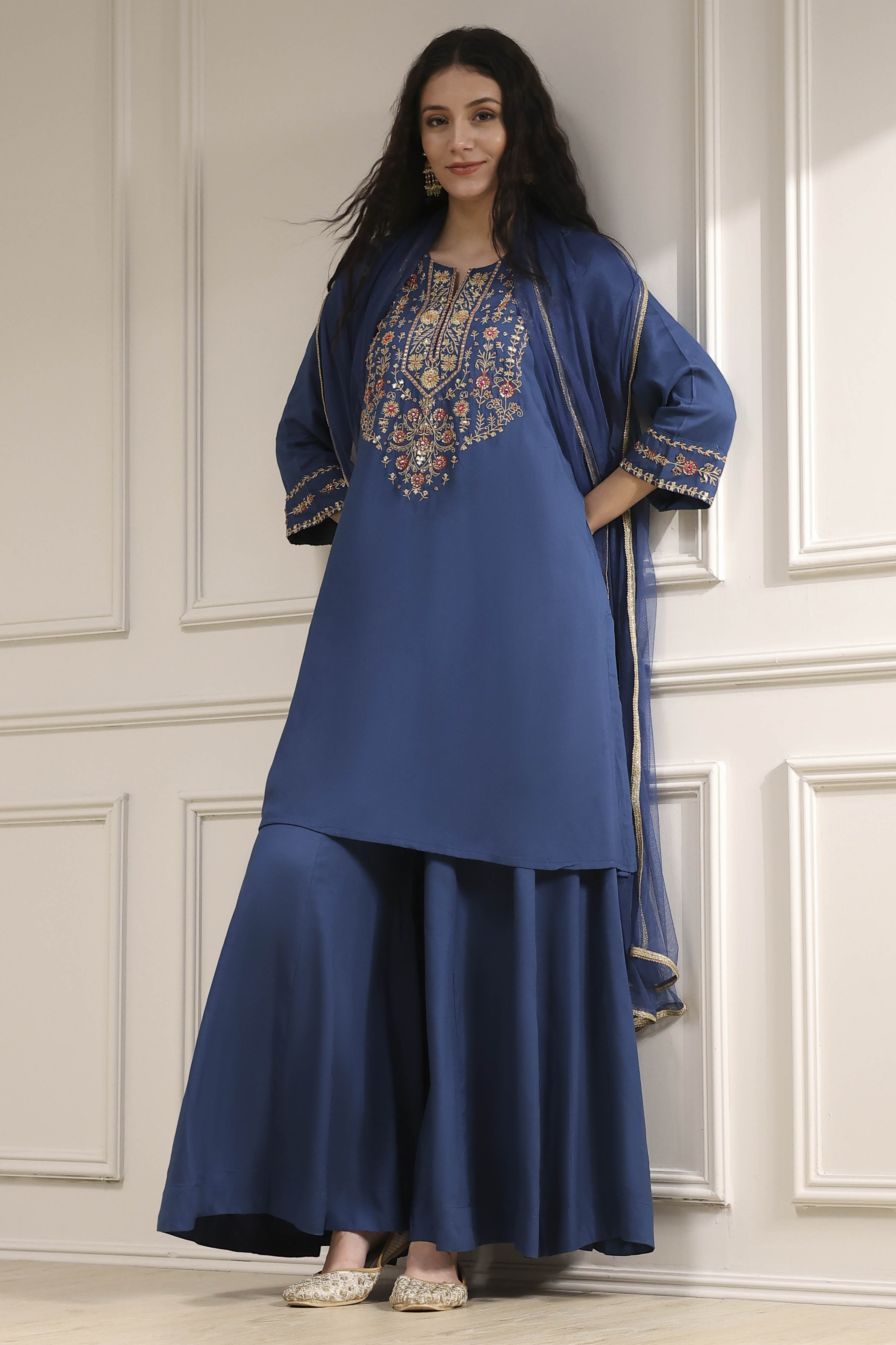Navy Blue Embroidered Straight Suit Set image number 0