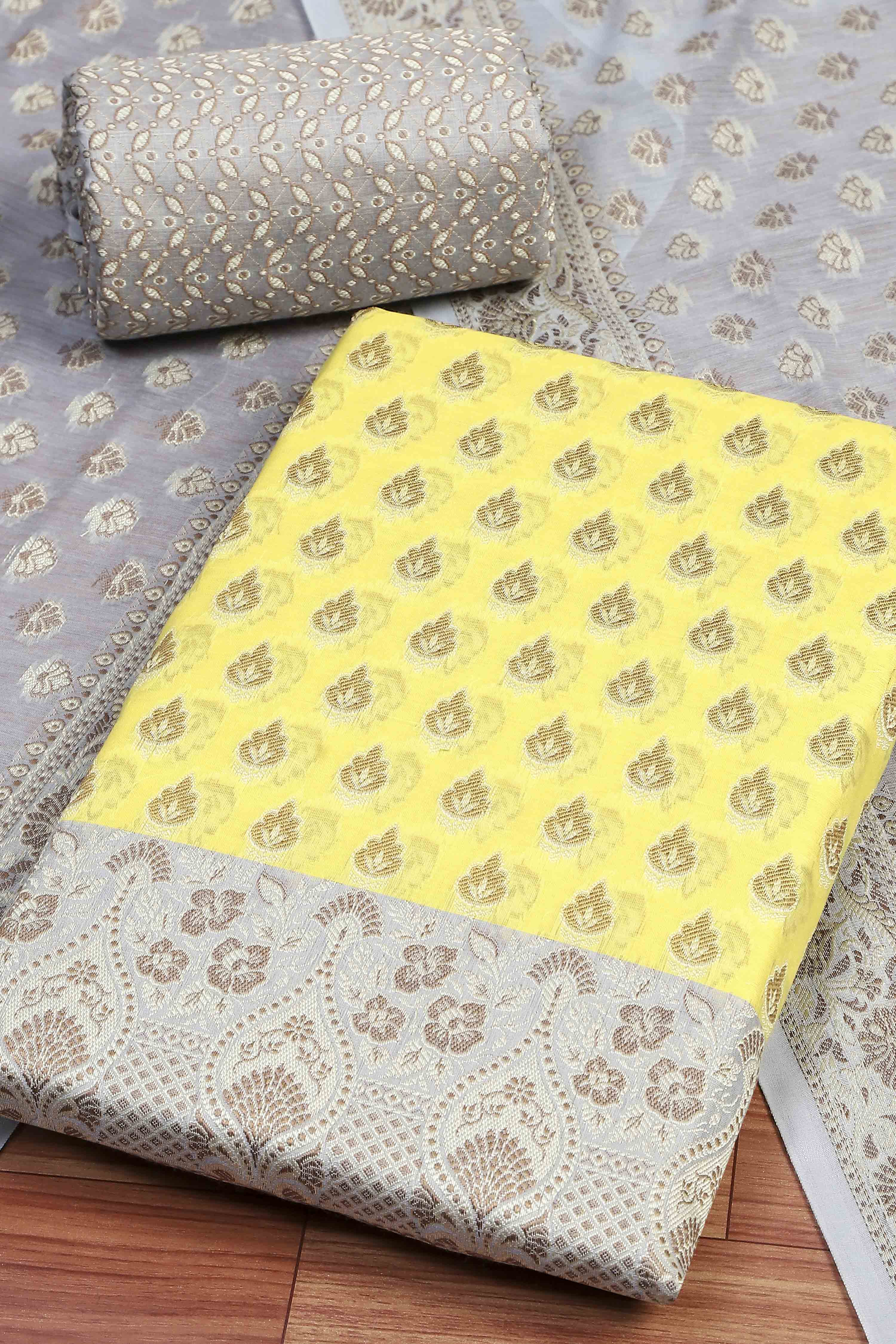 Mustard Poly Cotton Banarasi Unstitched Suit Set image number 1