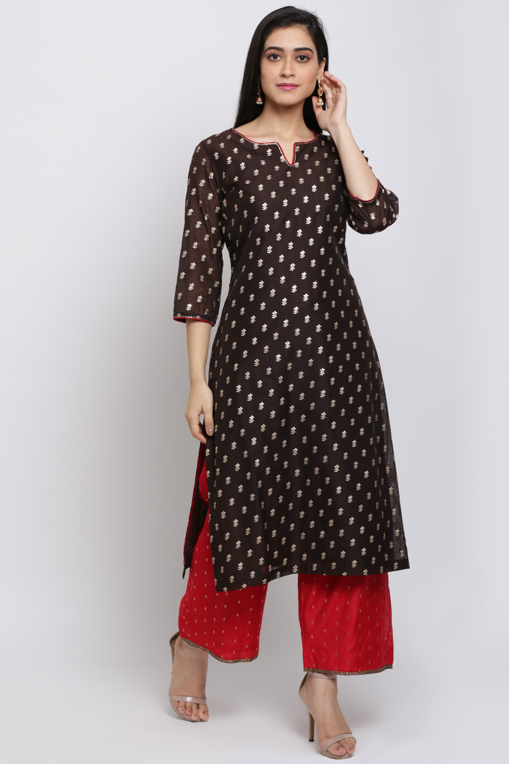 Brown And Red Art Silk Straight Kurta Palazzo Suit Set image number 2