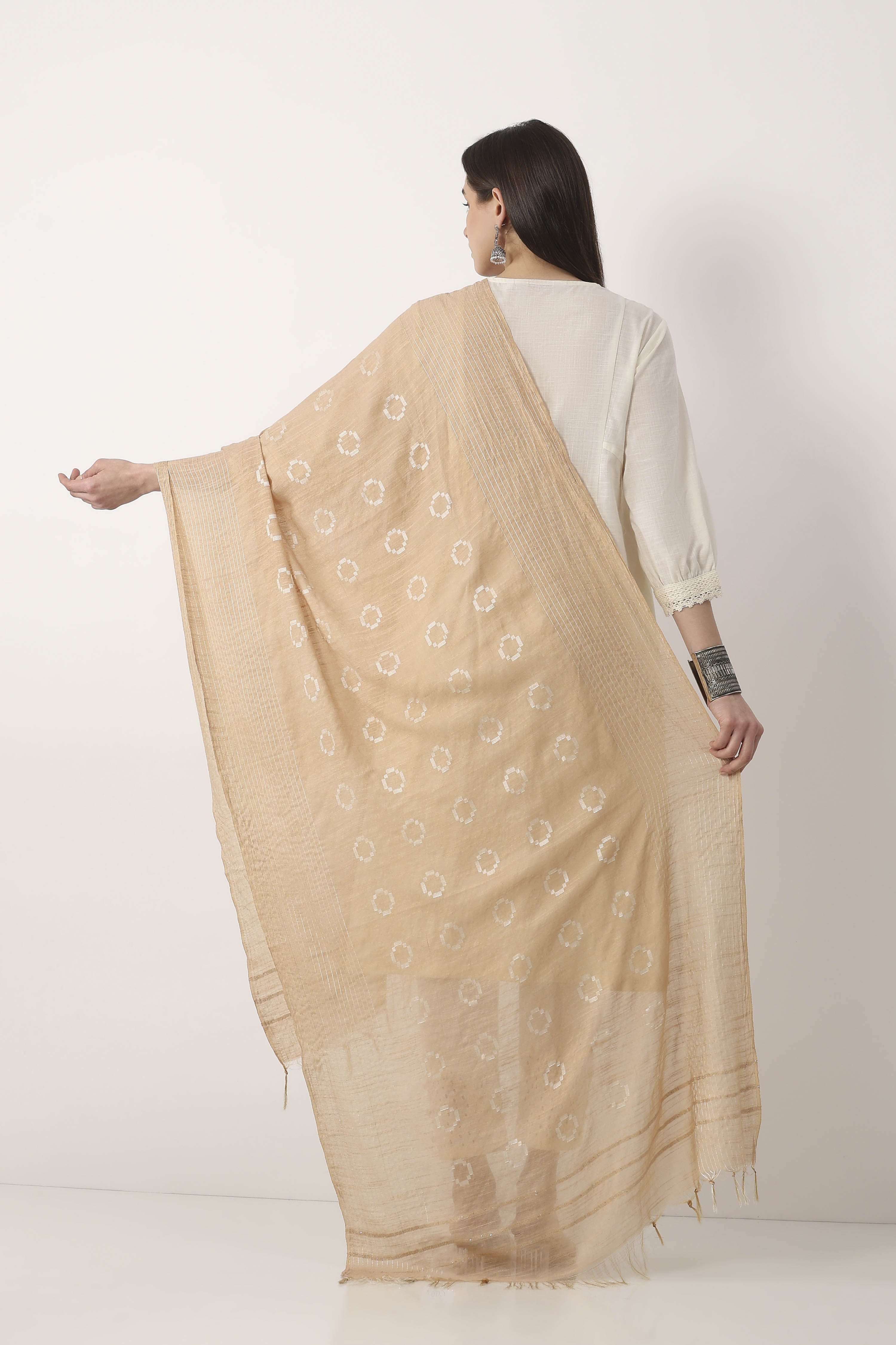 Beige Printed Tasseled Dupatta image number 2