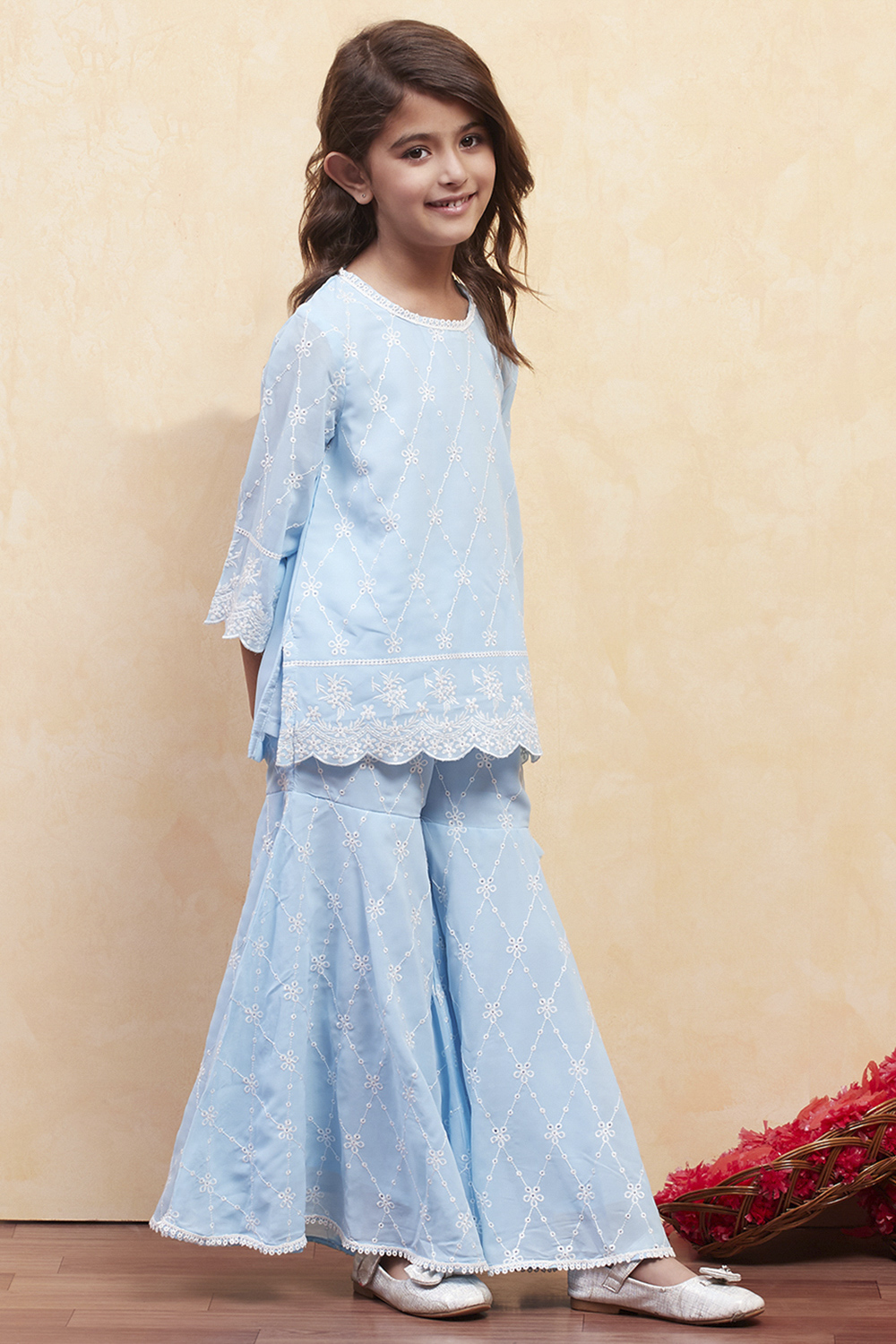 Powder Blue Cotton Embroidered Kurta Sharara Set image number 5