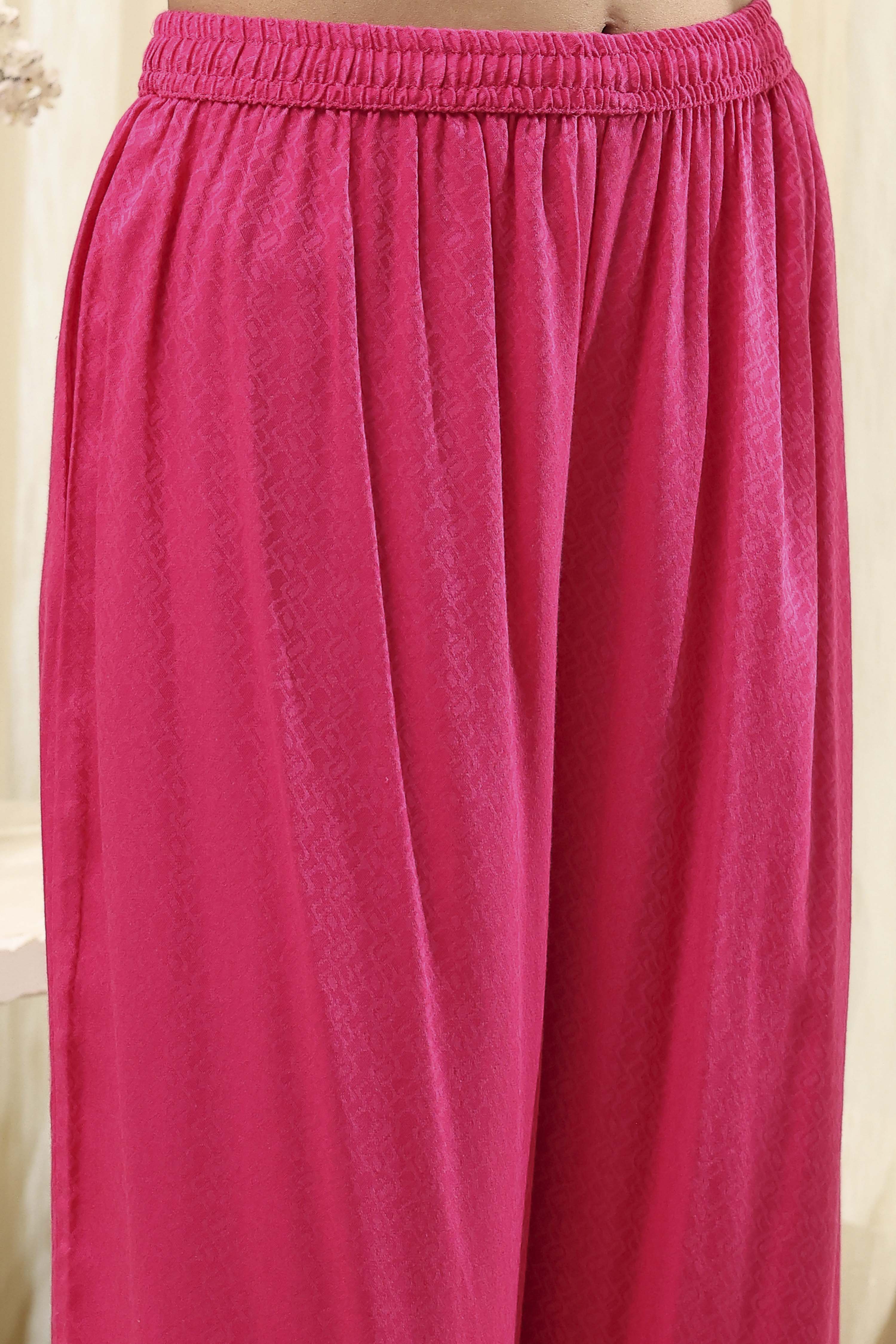 Fuchsia Cotton Silk Straight Suit Set image number 2