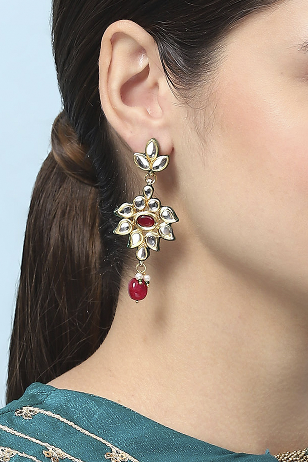 Red Kundan Festive Drop & Danglers image number 3