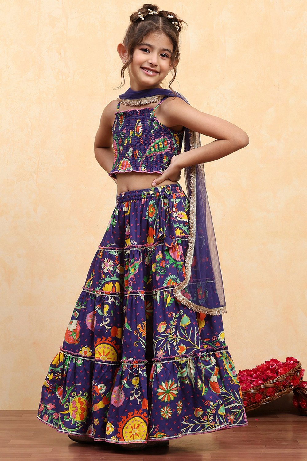 Purple Cotton Printed Tiered Lehenga Set image number 3