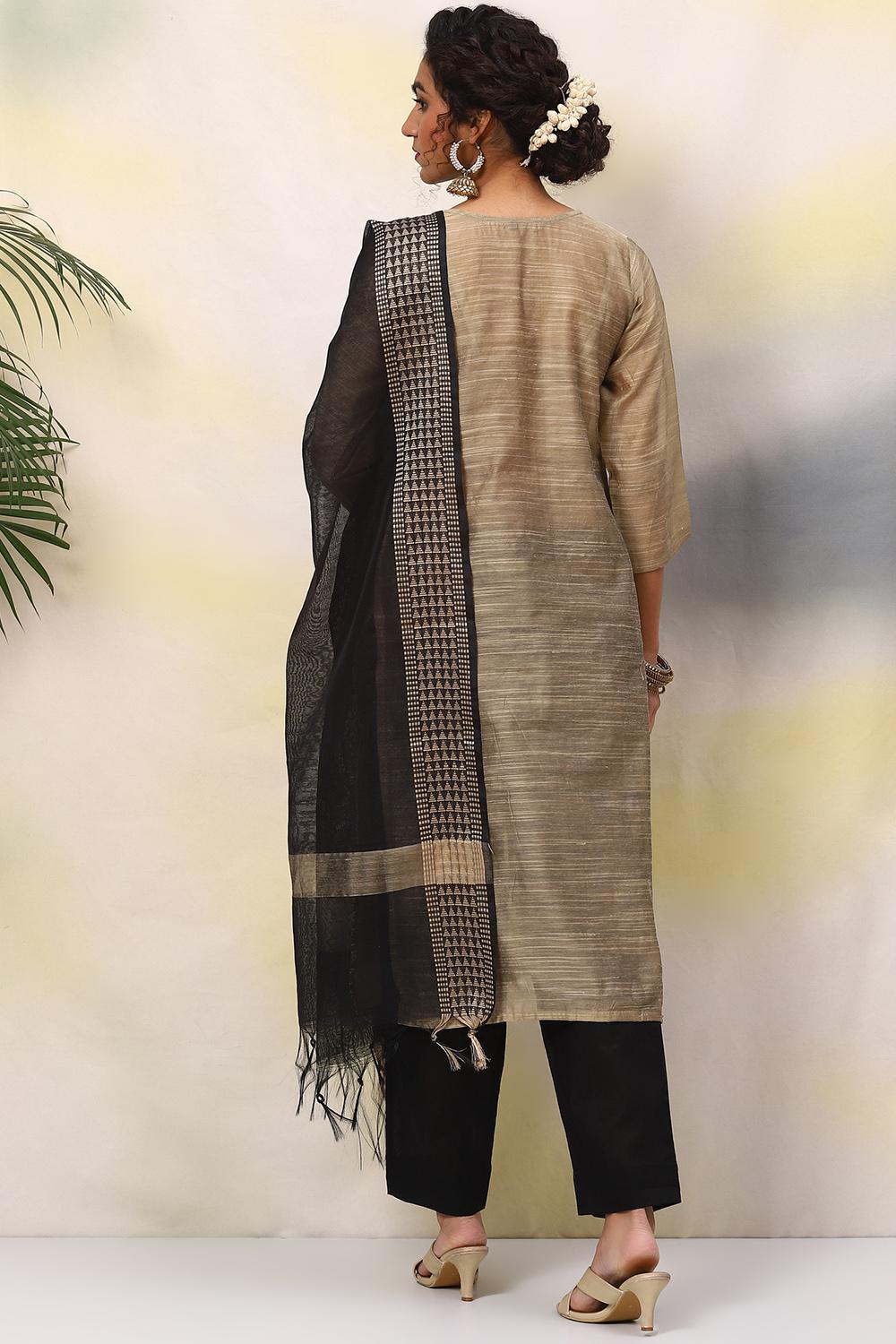 Beige Cotton Handloom Unstitched Suit Set image number 4