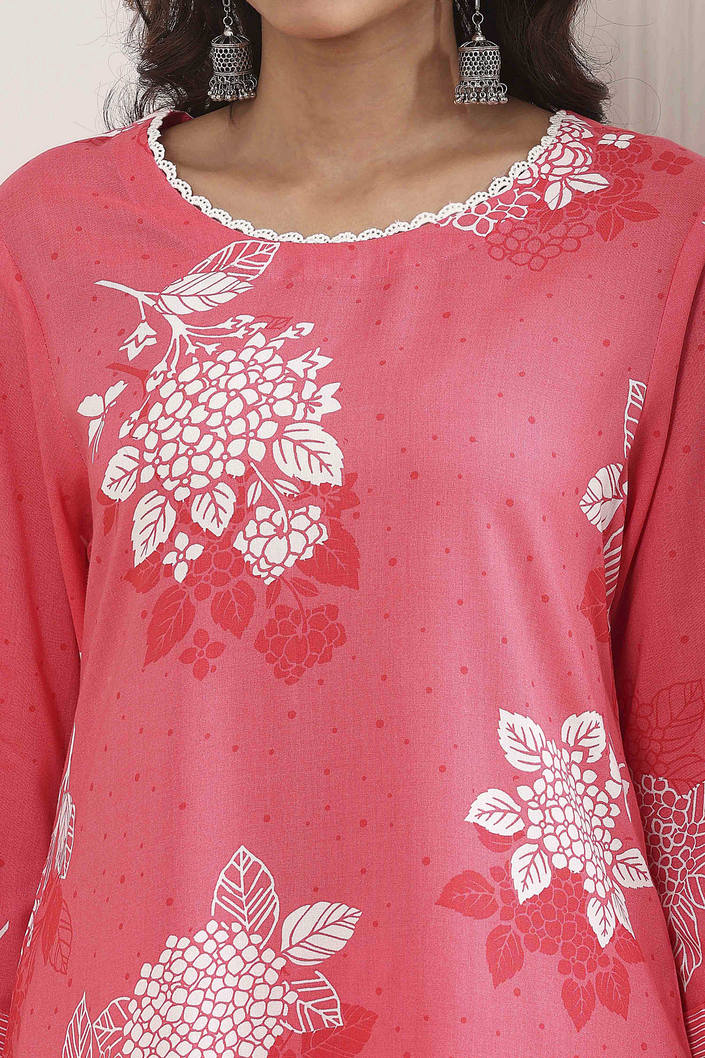 Coral Floral Printed Straight Suit Set image number 1