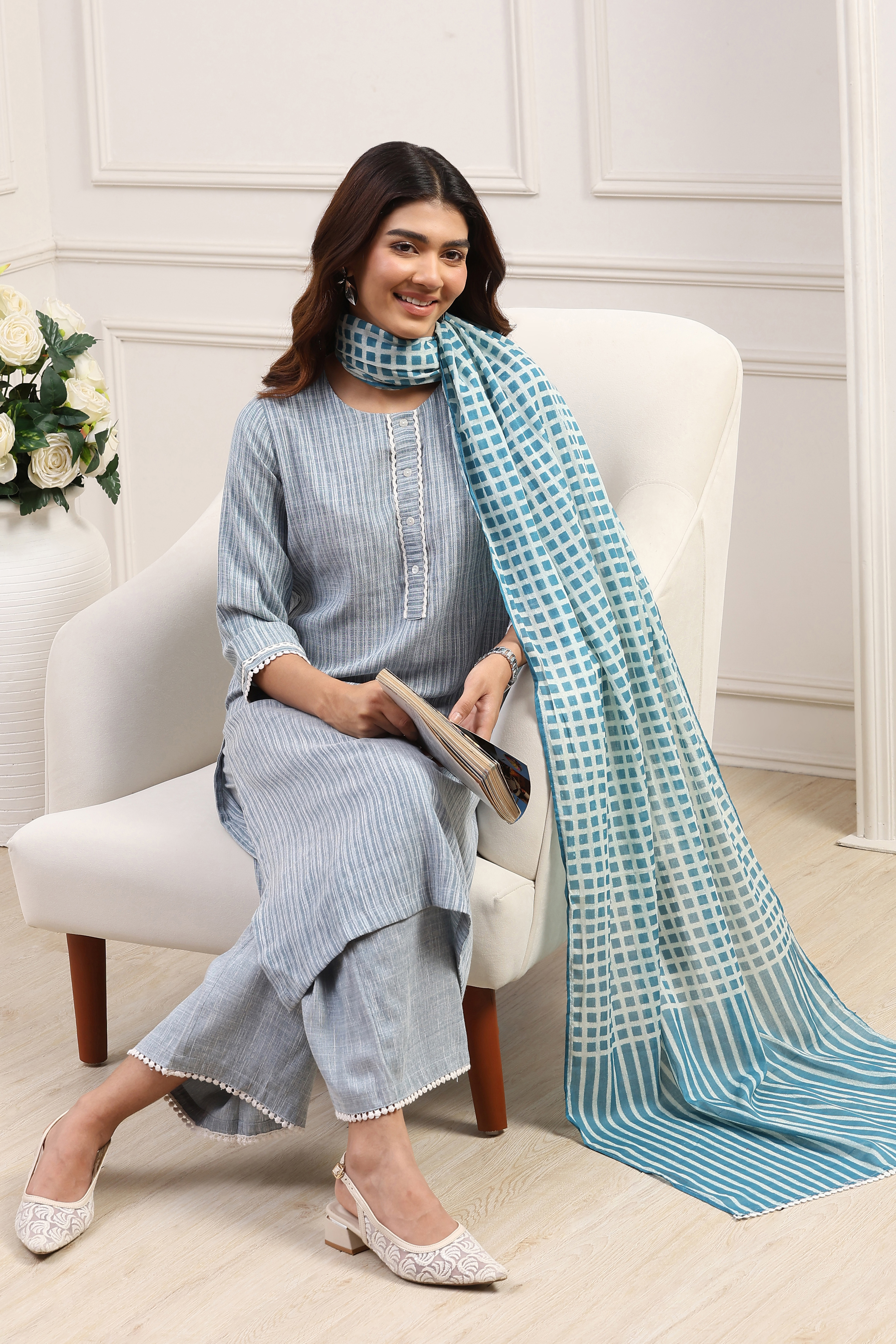Pale Yellow Cotton Blend Straight Kurta Palazzo Suit Set image number 0