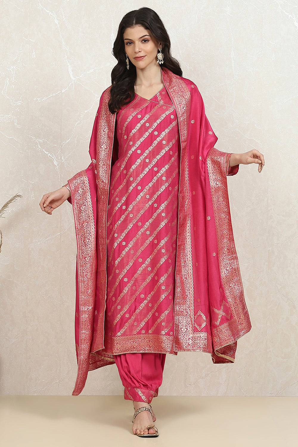 Pink Cotton Printed Embroidered Unstitched Suit Set image number 1