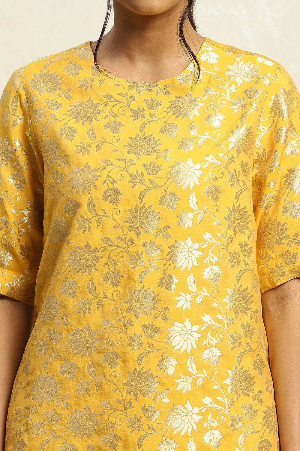 Yellow Jacquard Floral Yarn-Dyed Straight Kurta Set image number 1