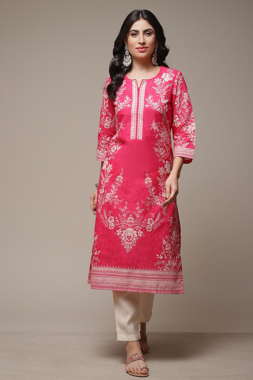 Pink Cotton Straight Printed Kurta image number 1
