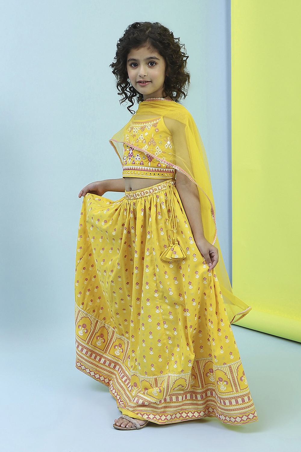 Yellow Cotton Printed Strappy Lehenga Set image number 3