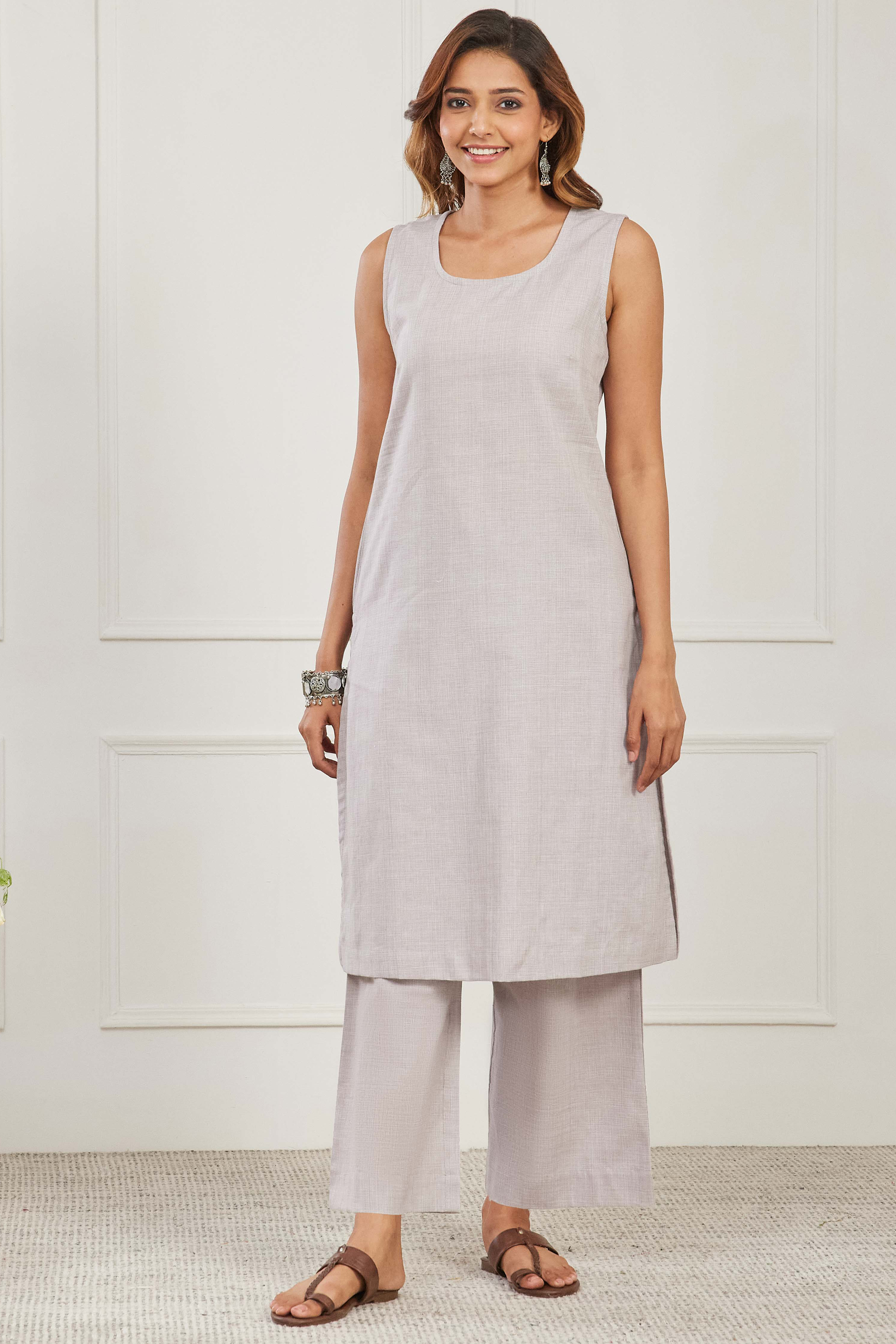 Grey & Purple Cotton 3-Piece Kurta Set With Ikkat Jacket image number 6