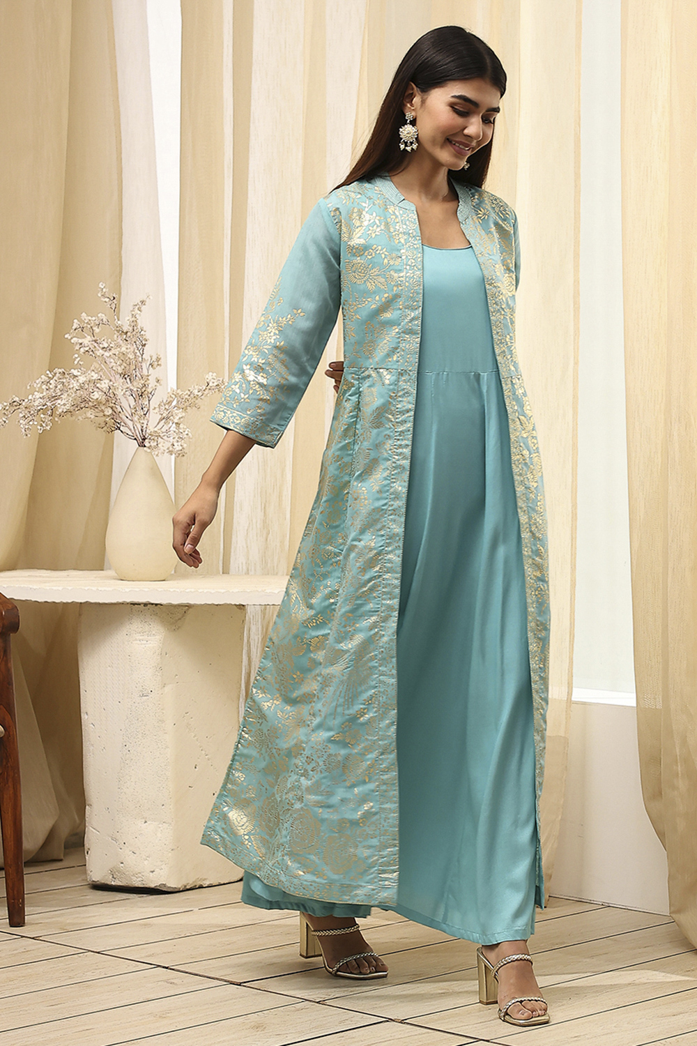 Earthy Brown Printed Layered Cape Dress image number 4