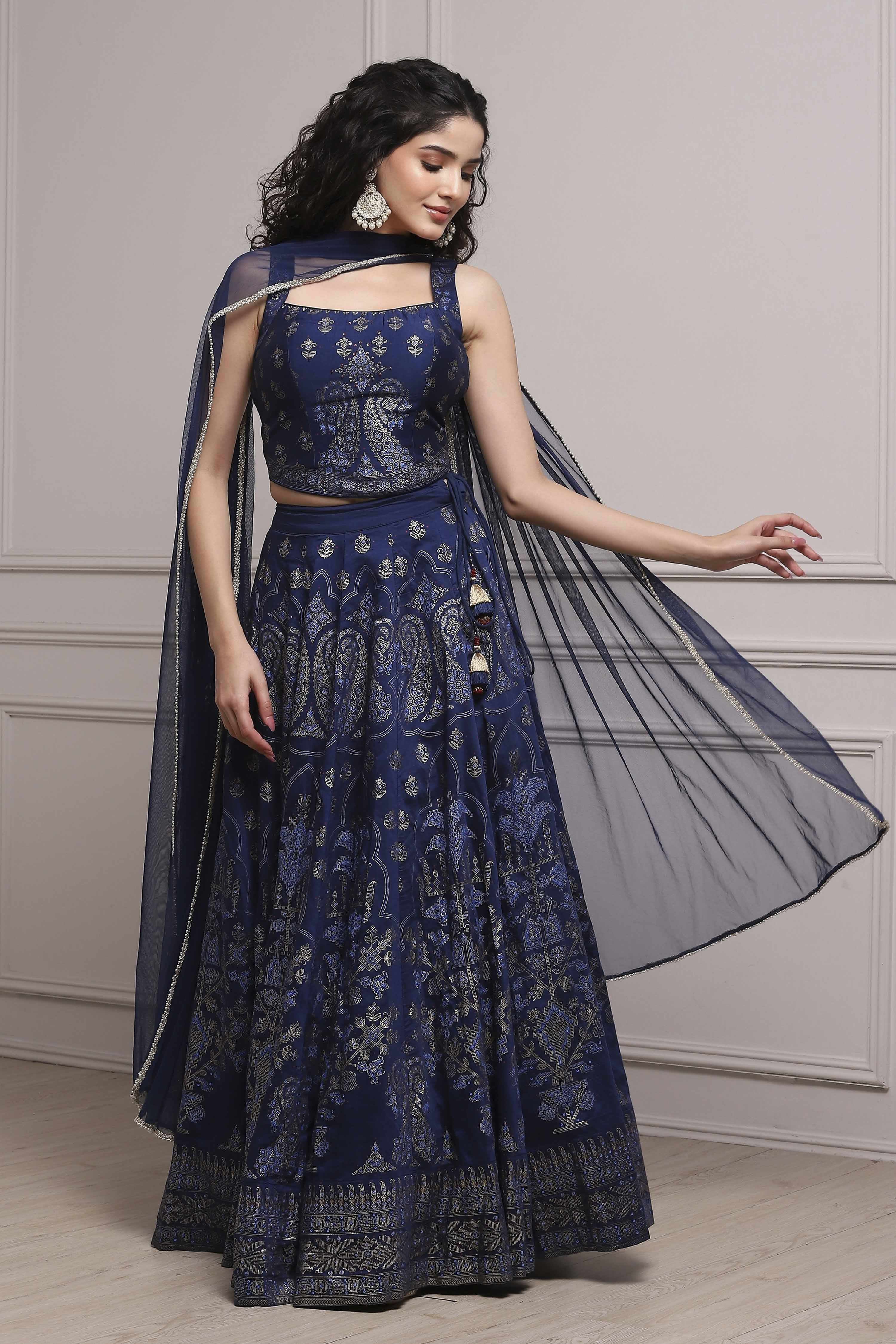 Blue Fitted Printed Lightweight Lehenga Set image number 0