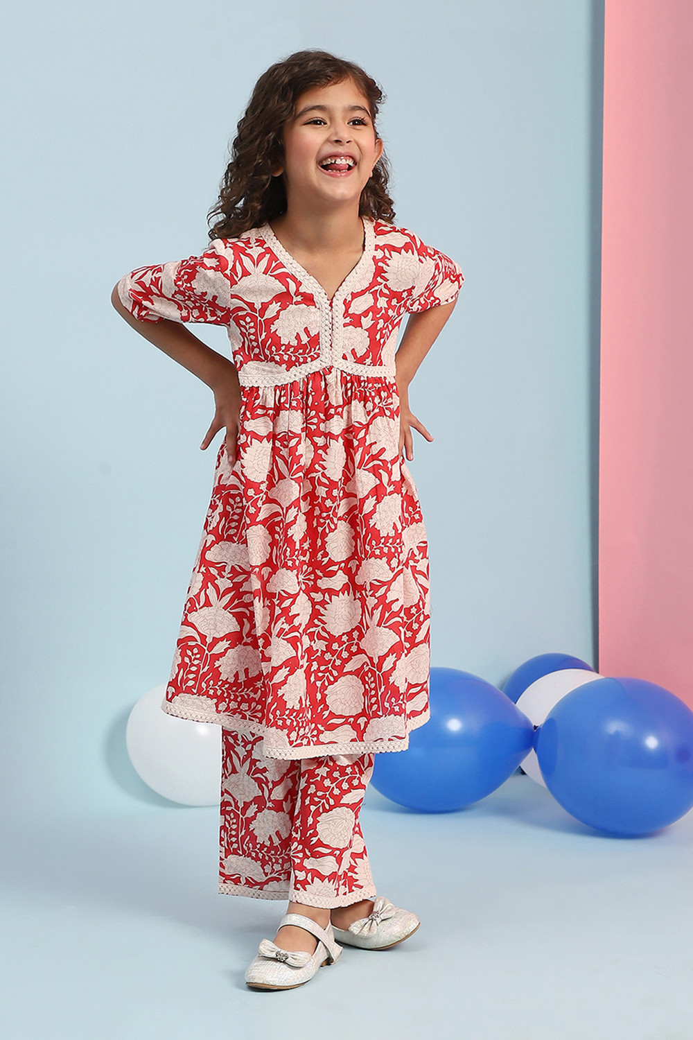 Blush Pink Cotton Printed Gathered Kurta Set image number 2