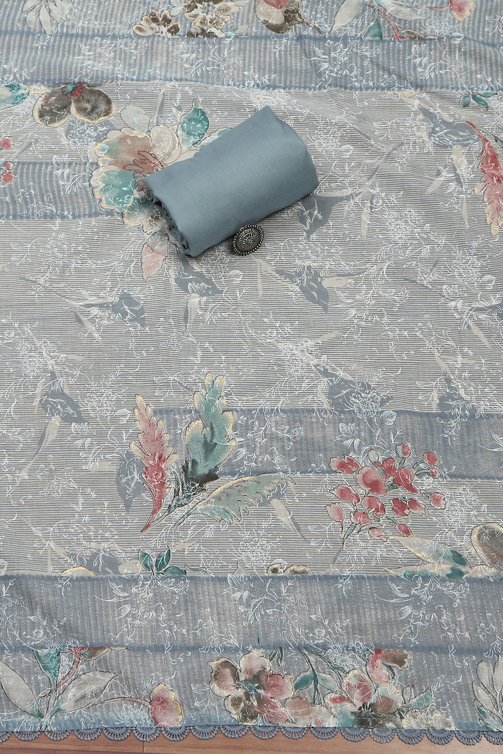 Grey Cotton Printed Unstitched Suit Set image number 3